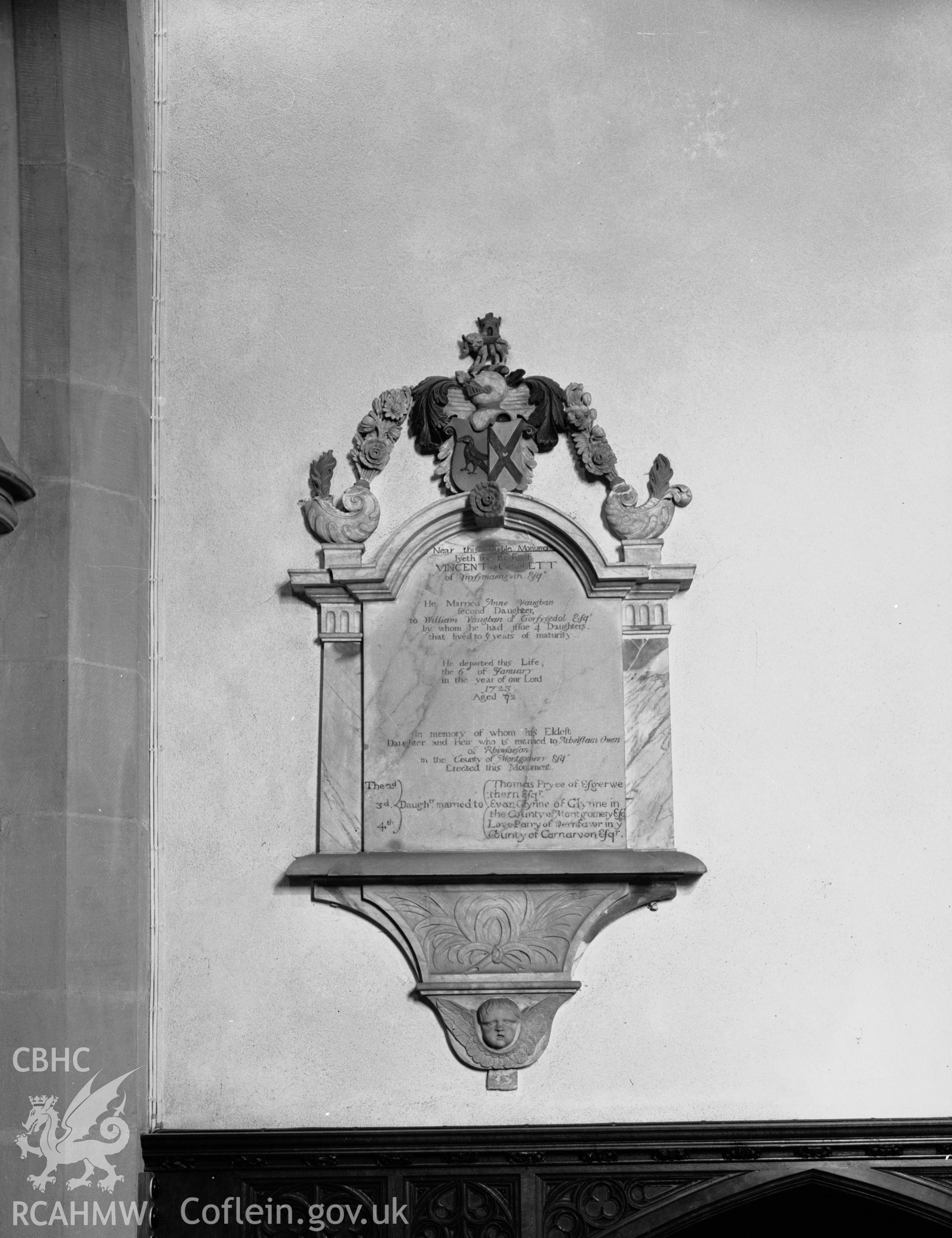 Interior view Towyn Church showing memorial, taken 12.03.1941.