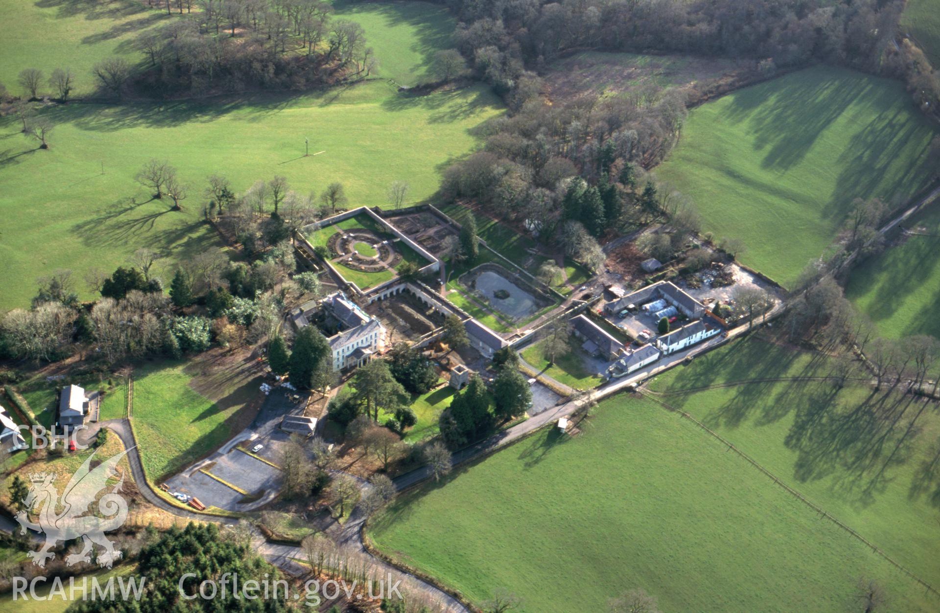 RCAHMW colour slide oblique aerial photograph of Aberglasney, Garden, Llangathen, taken by T.G.Driver on the 21/02/2000