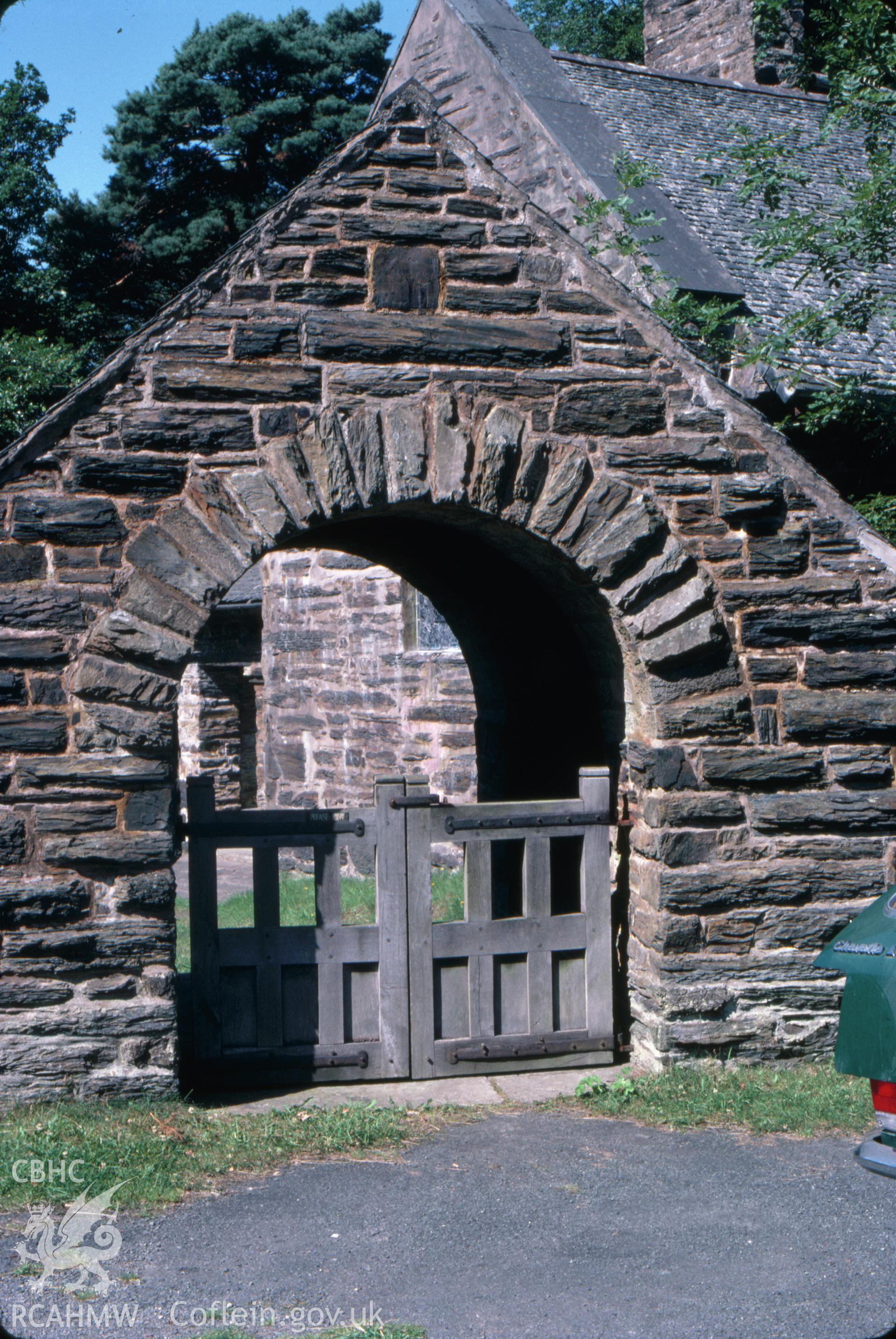 Colour slide showing the lych gate at Caerdeon Church.