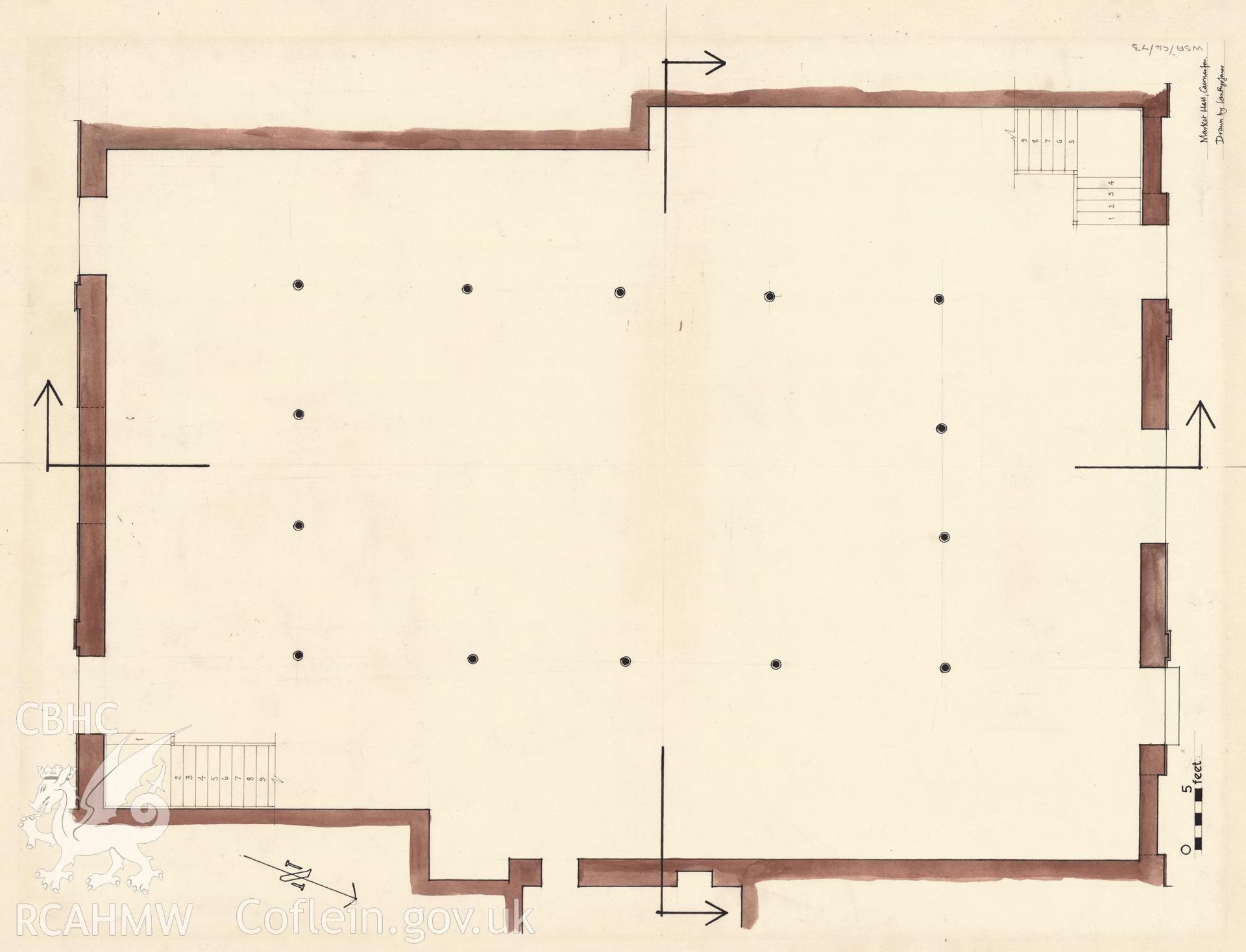 Measured drawing showing ground level plan of Market Hall, Caernarfon, produced by Ian Prys Jones, July 1968.