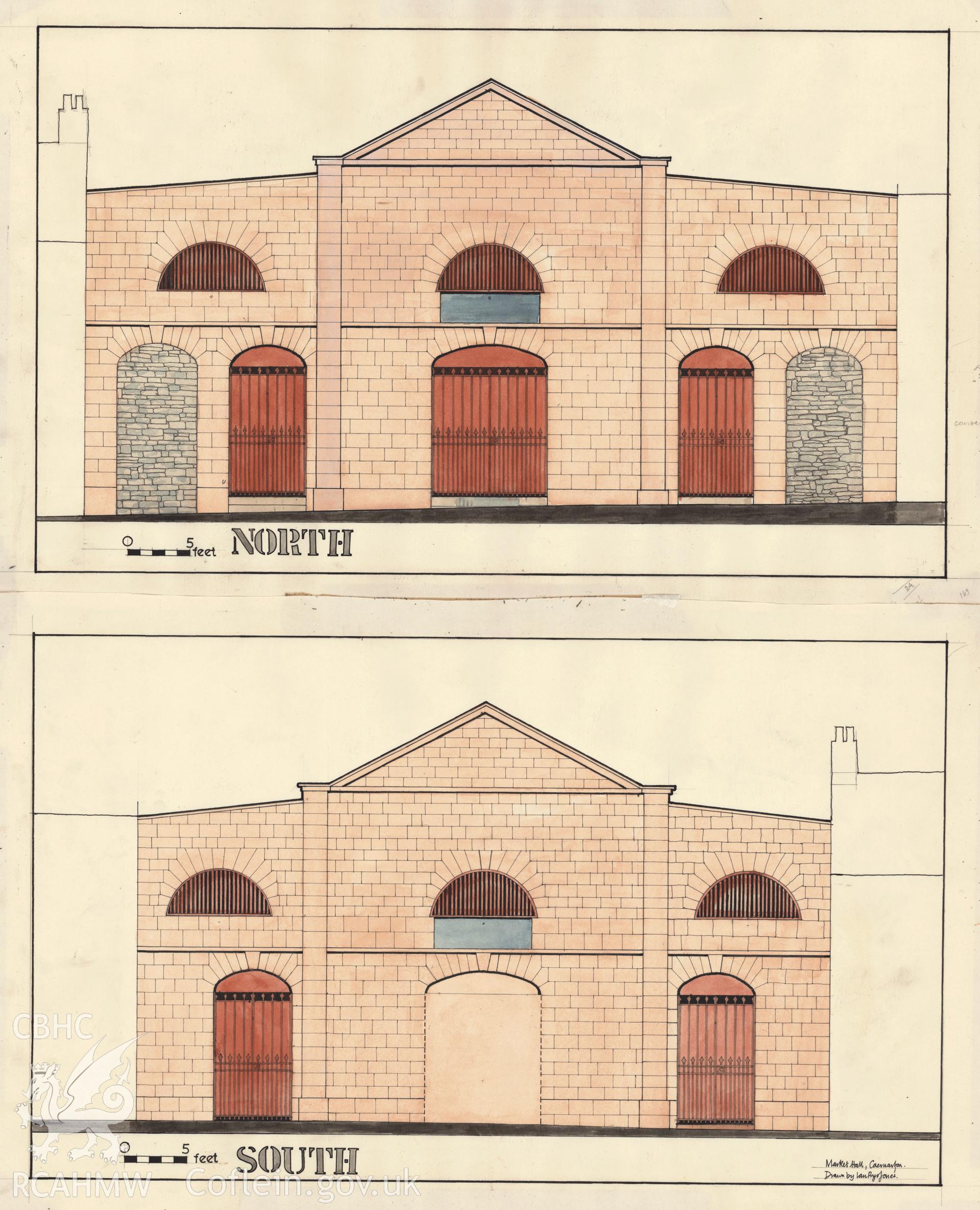 Measured drawing showing north and south elevation views of Market Hall, Caernarfon, produced by Ian Prys Jones, July 1968.