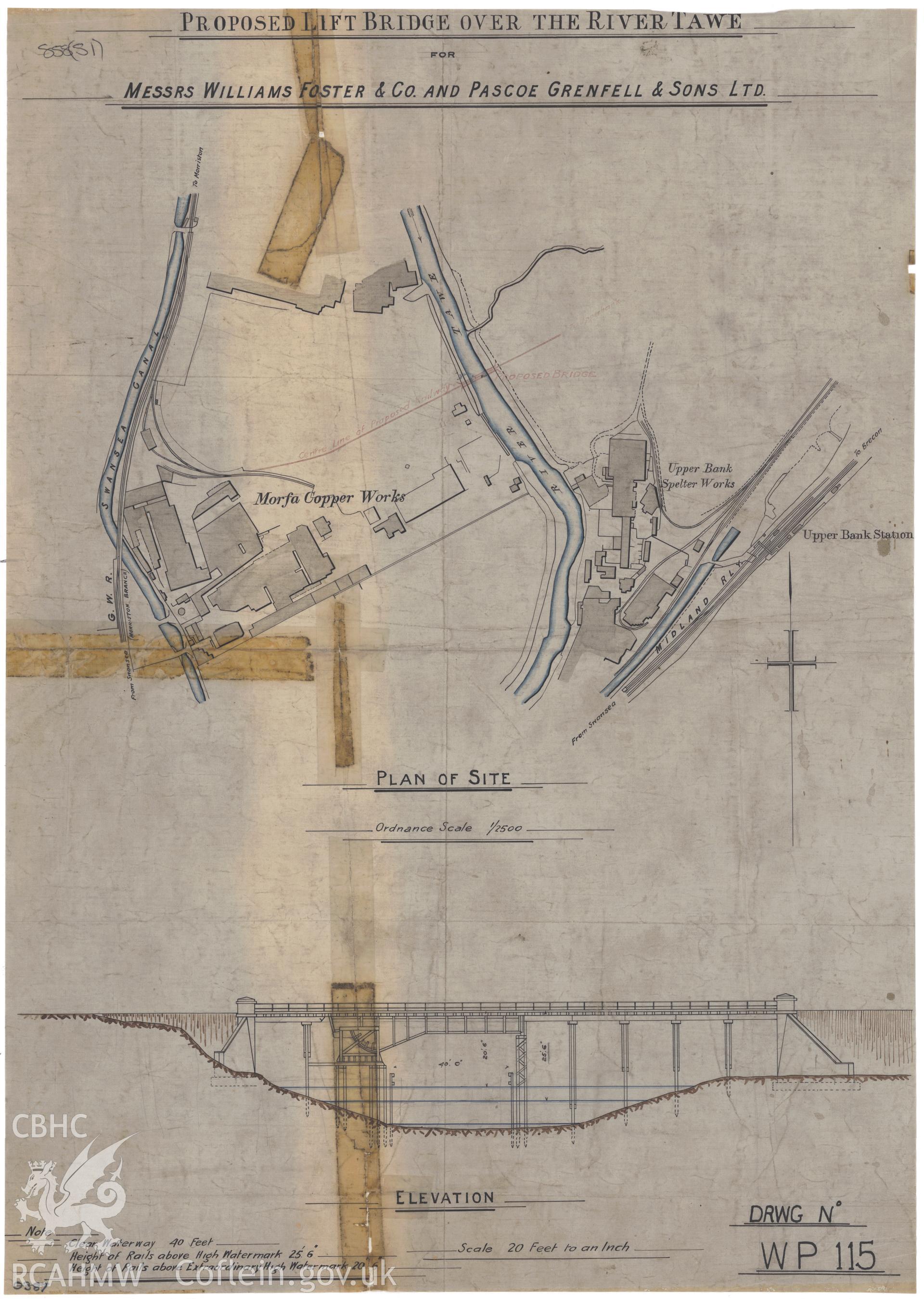 Copy of a non RCAHMW drawing showing plan and elevation of Morfa Bridge, Swansea.