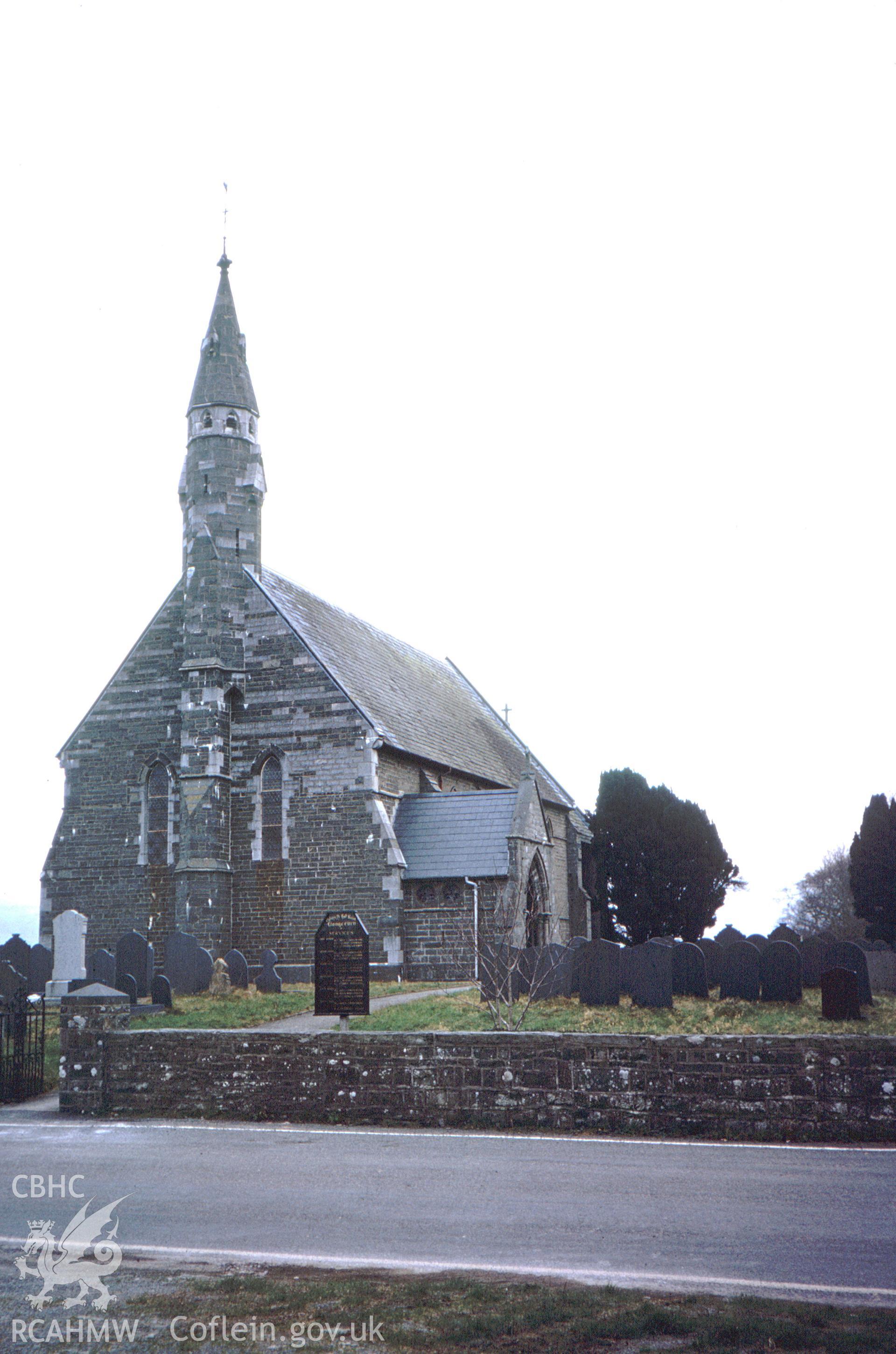 Colour slide showing exterior view of Llangorwen Church.