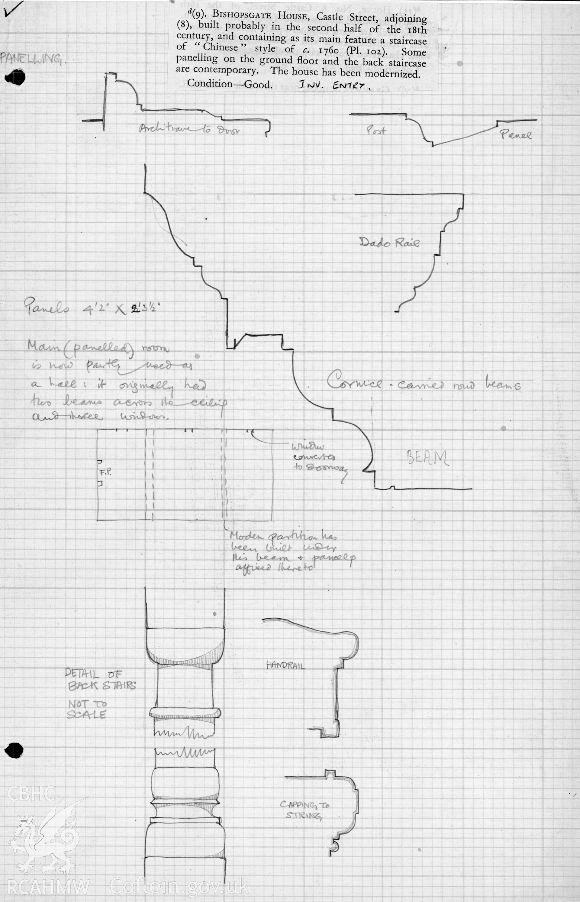 Pencil sketch showing detail of panelling in the main room and detail of the back stair.