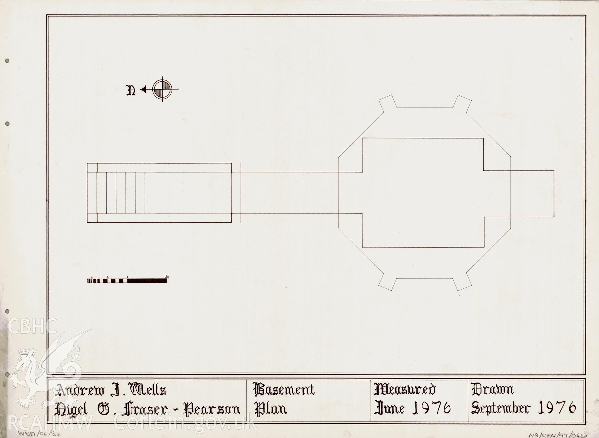 Measured drawing showing basement plan of the summerhouse in the grounds of Rookwood Hospital, Llandaff, produced by Nigel G. Fraser-Pearson and Andrew J. Wells, September 1976.