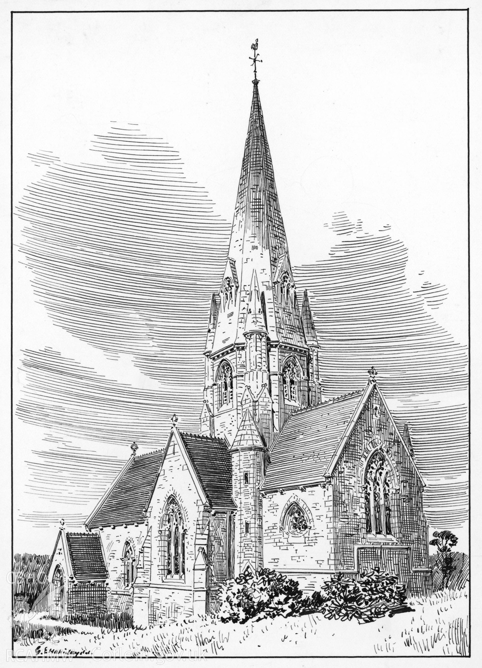 Digital copy of an ink drawing of Baglan New Church produced by G.E. Halliday, 1895.