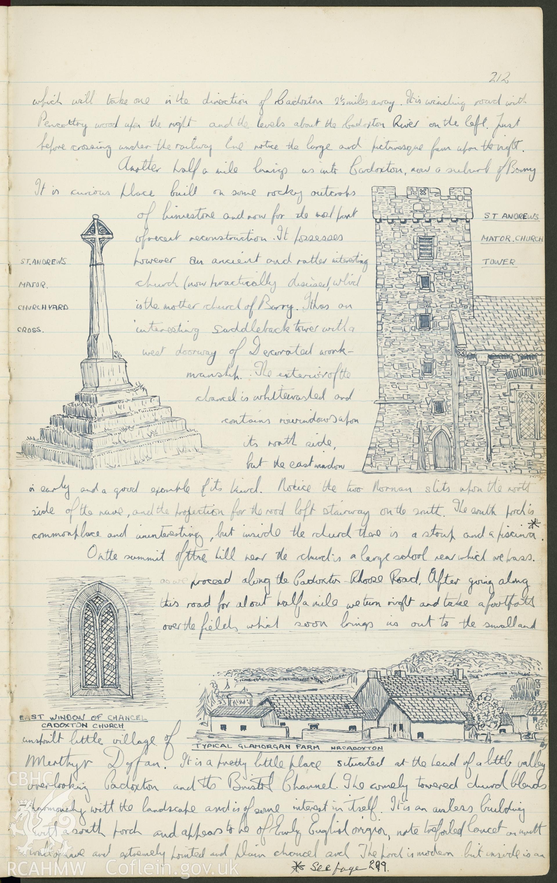 Page from a notebook featuring an illustration by R.E. Kay showing St Andrews Church and Churchyard Cross. St Cattwg's Church and a typical Glamorgan Farmhouse.  As featured on p212 of R.E. Kay Notebook Series I, Vol II.