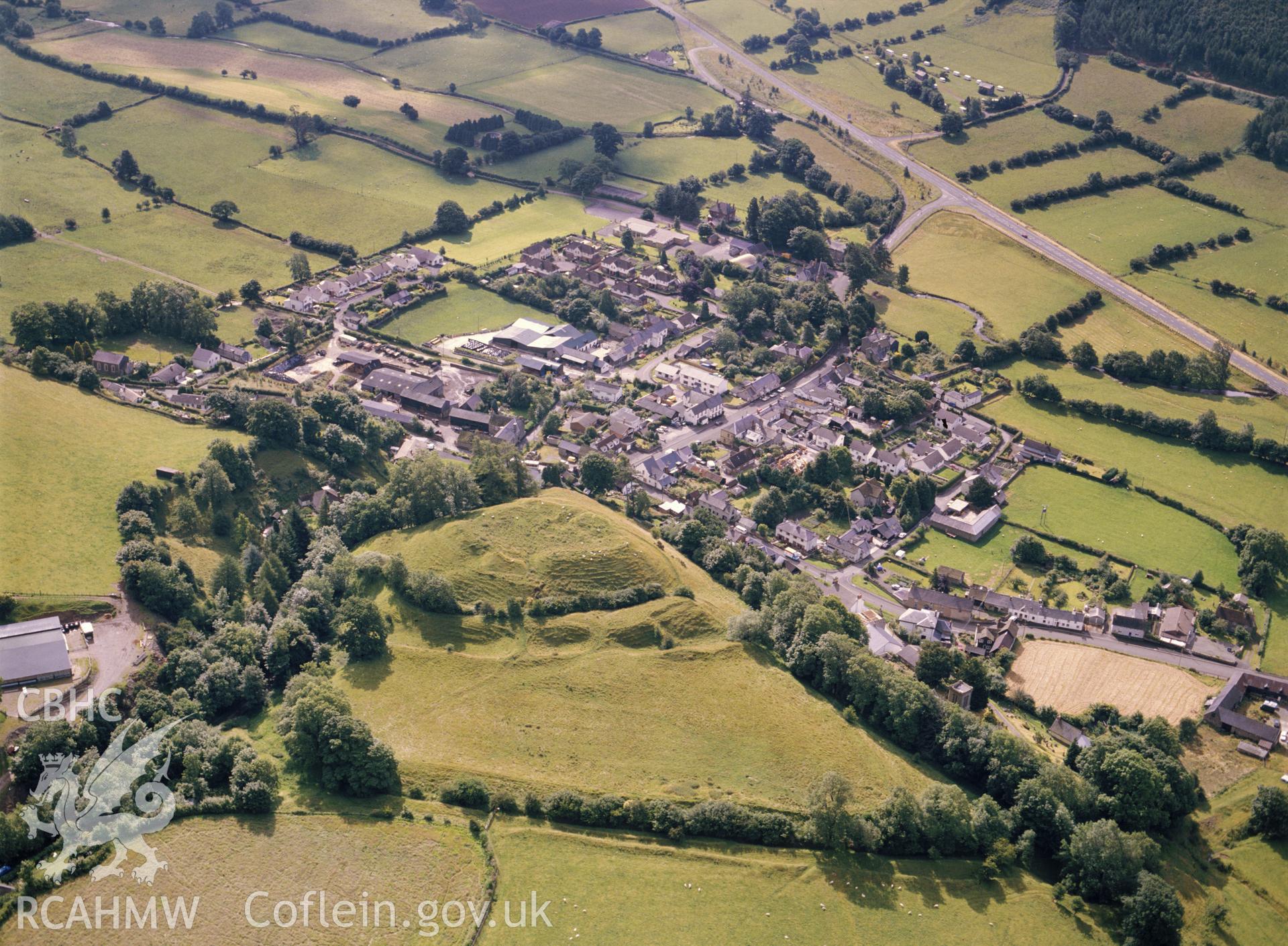 RCAHMW colour oblique aerial photograph of New Radnor Castle taken by Chris Musson, 1988.