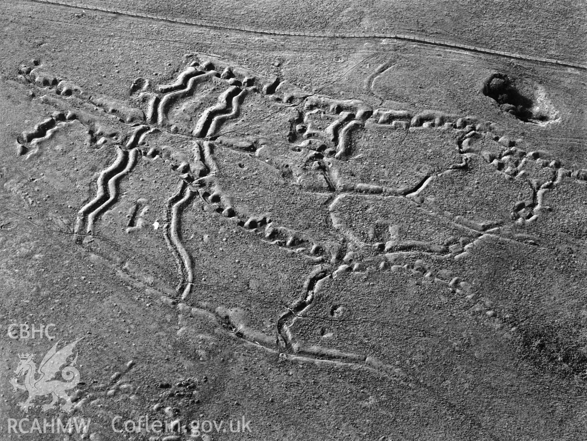 RCAHMW black and white oblique aerial photograph of Penally WW1 Practice Trench system. Taken by Toby Driver on 02/09/2002