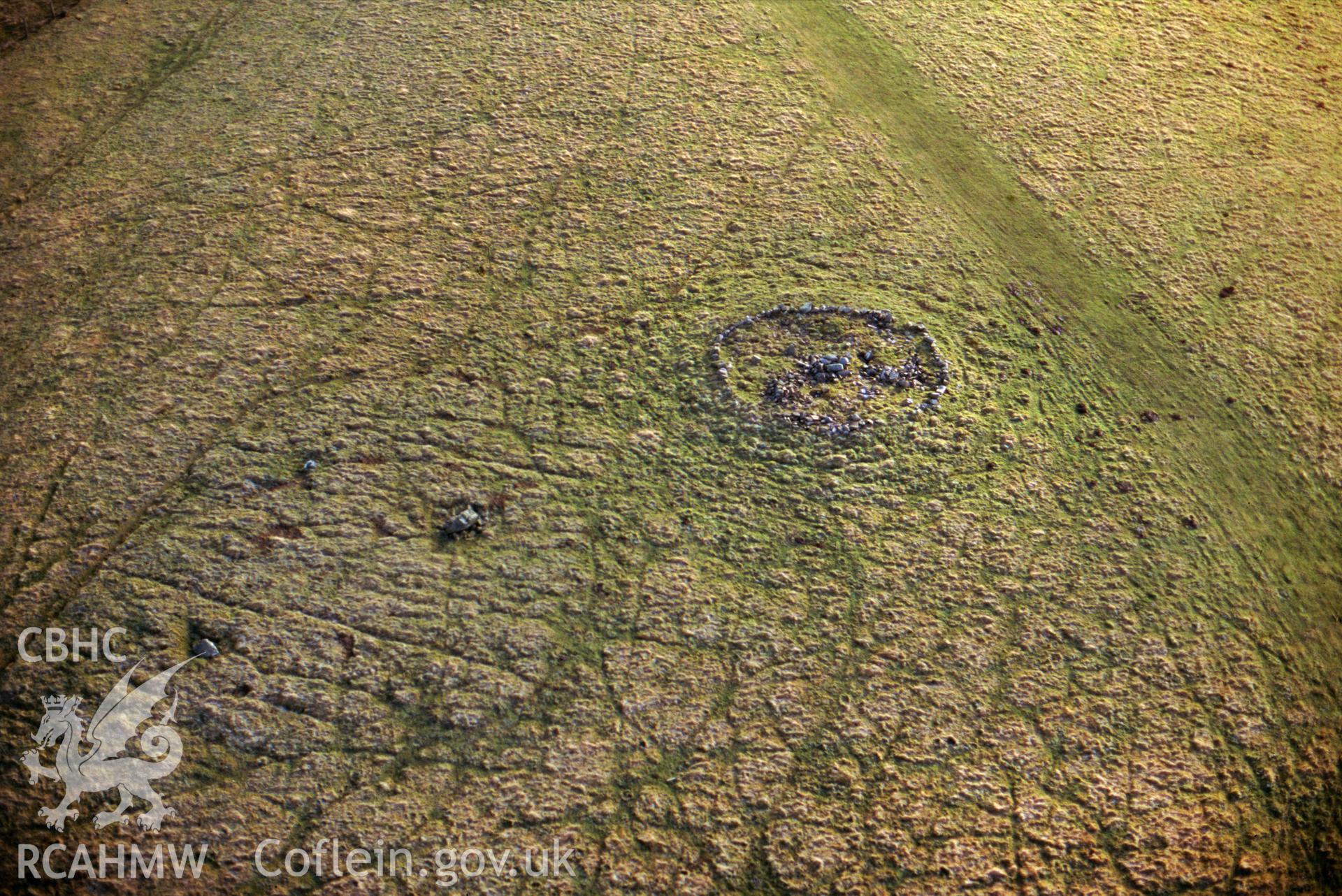 RCAHMW colour slide oblique aerial photograph of Fowlers Arm Chair Stone Circle, Abbey Cwmhir, taken on 20/12/1998 by CR Musson