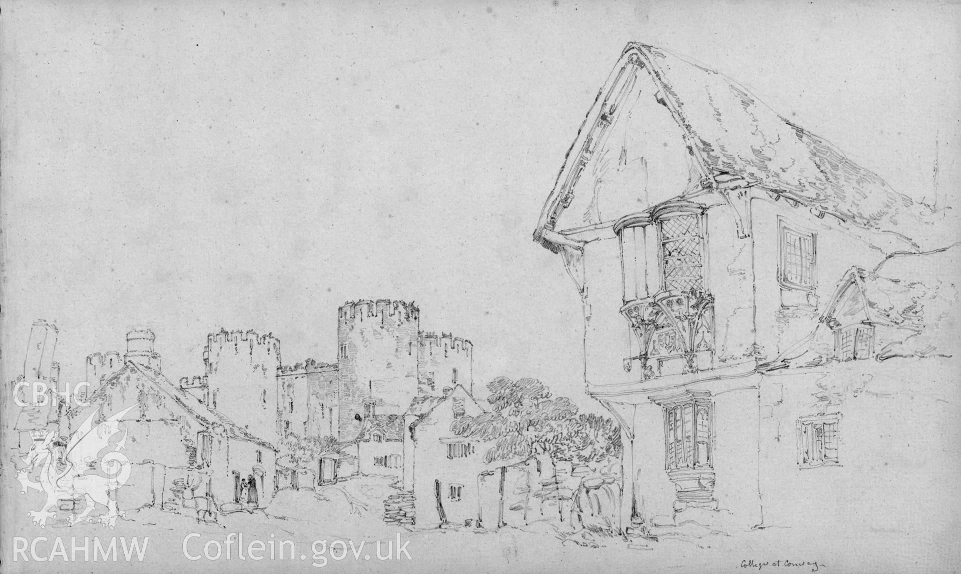 Digital copy of a pencil drawing showing  view of The College, Conwy, anon, c1820.