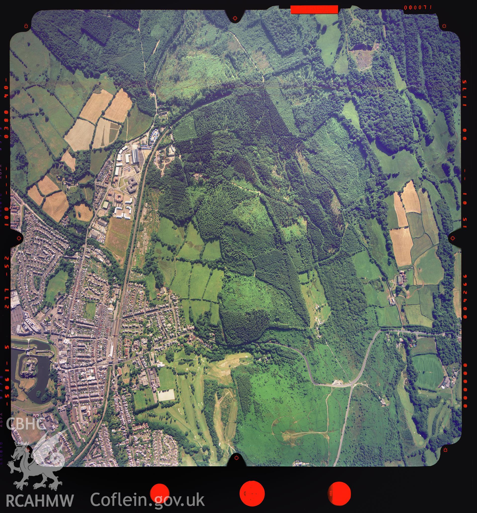 Digitized copy of a colour aerial photograph showing the area around Van, Caerphilly, taken by Ordnance Survey, 2003.