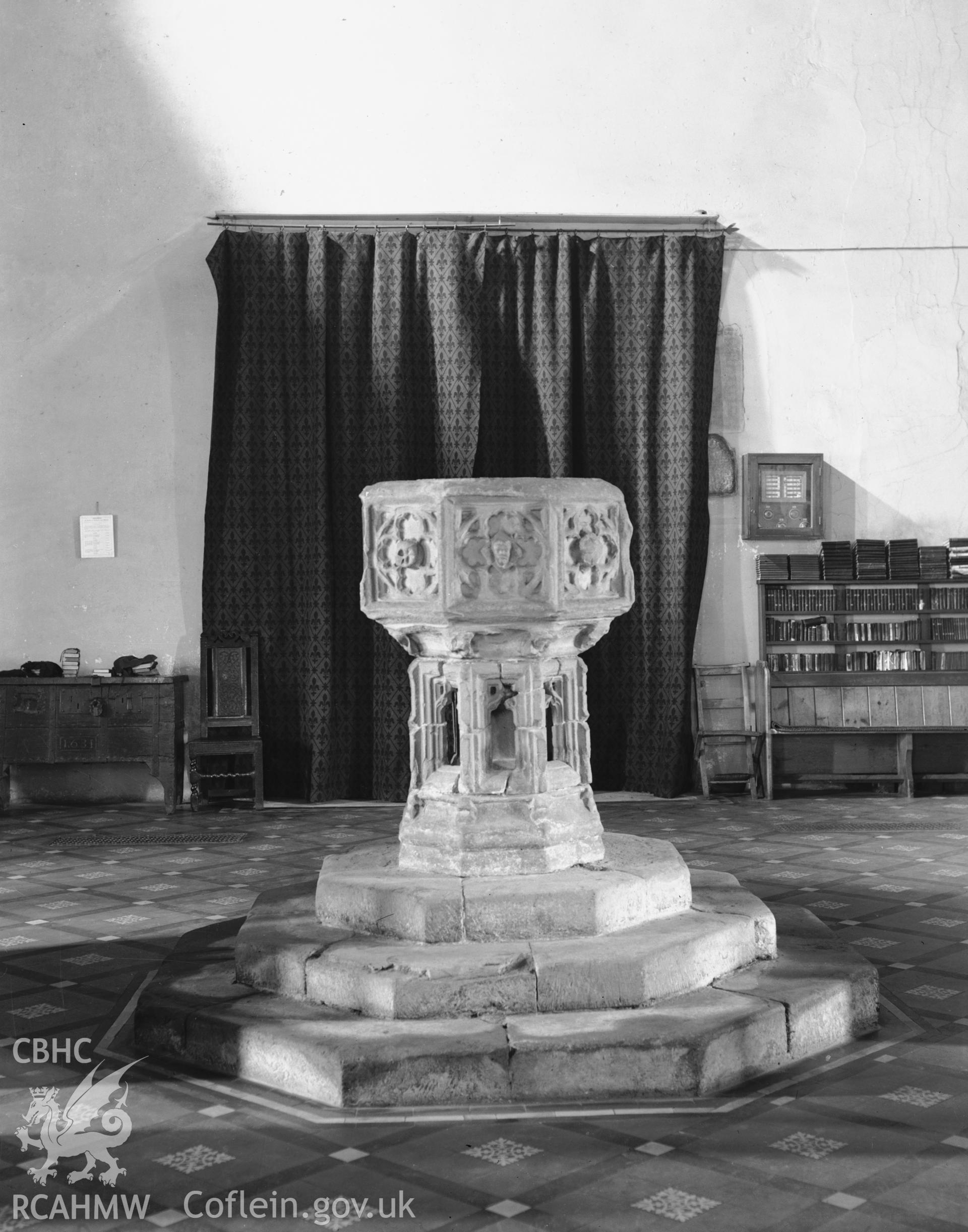 Interior view of St Marys Church Conwy showing font, taken in 10.09.1951.