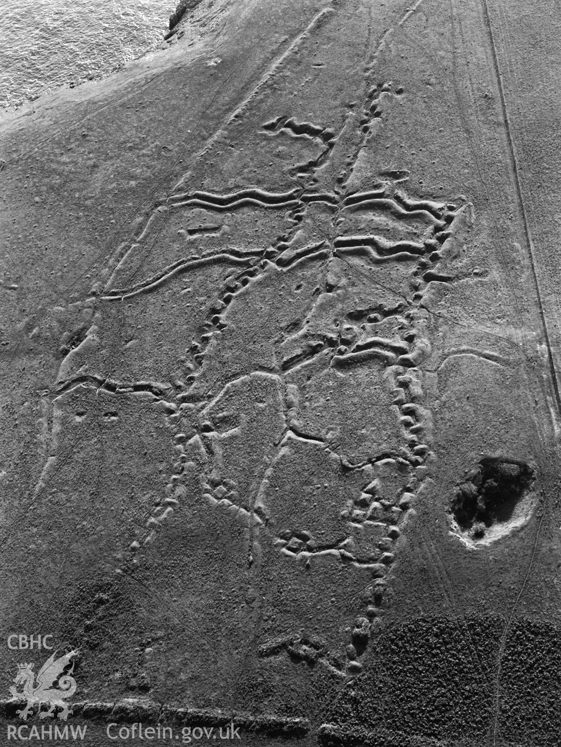 RCAHMW black and white oblique aerial photograph of Penally WW1 Practice Trench system. Taken by Toby Driver on 02/09/2002