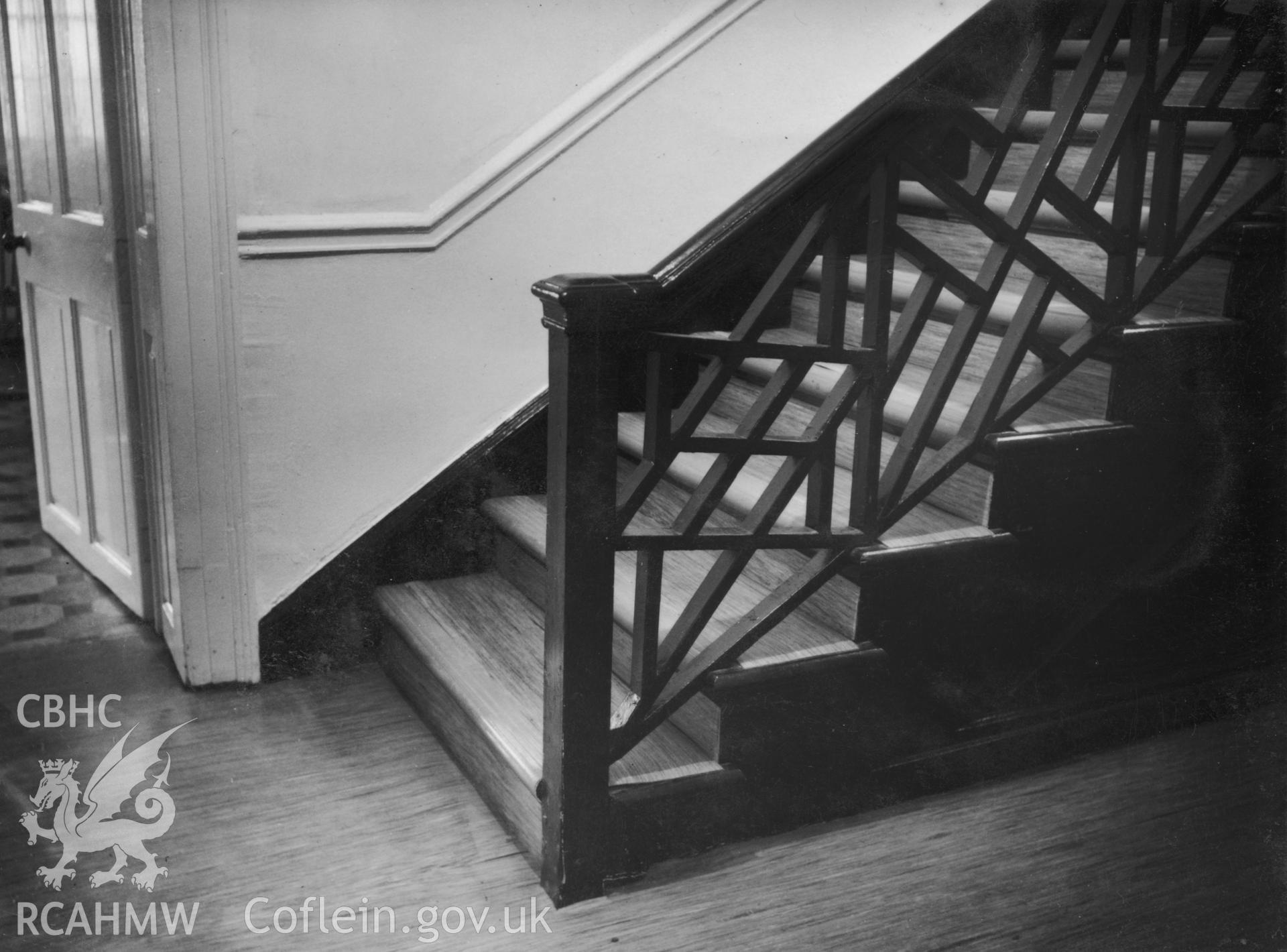 Interior view showing detail of Chinese Chippendale staircase.