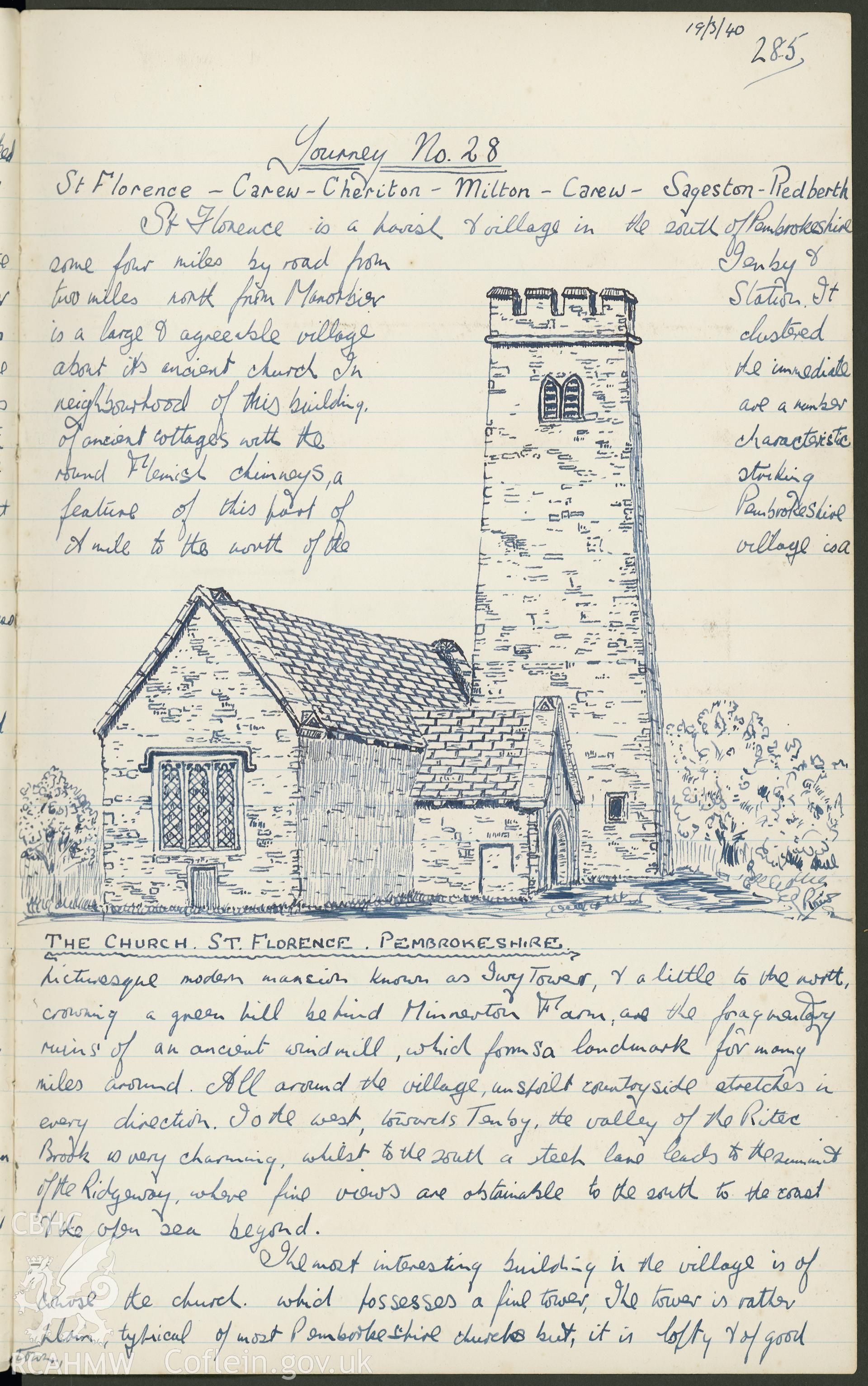 Illustration by R.E. Kay showing St Florence's Church. As featured on p285 of R.E. Kay Notebook Series I, Vol II.