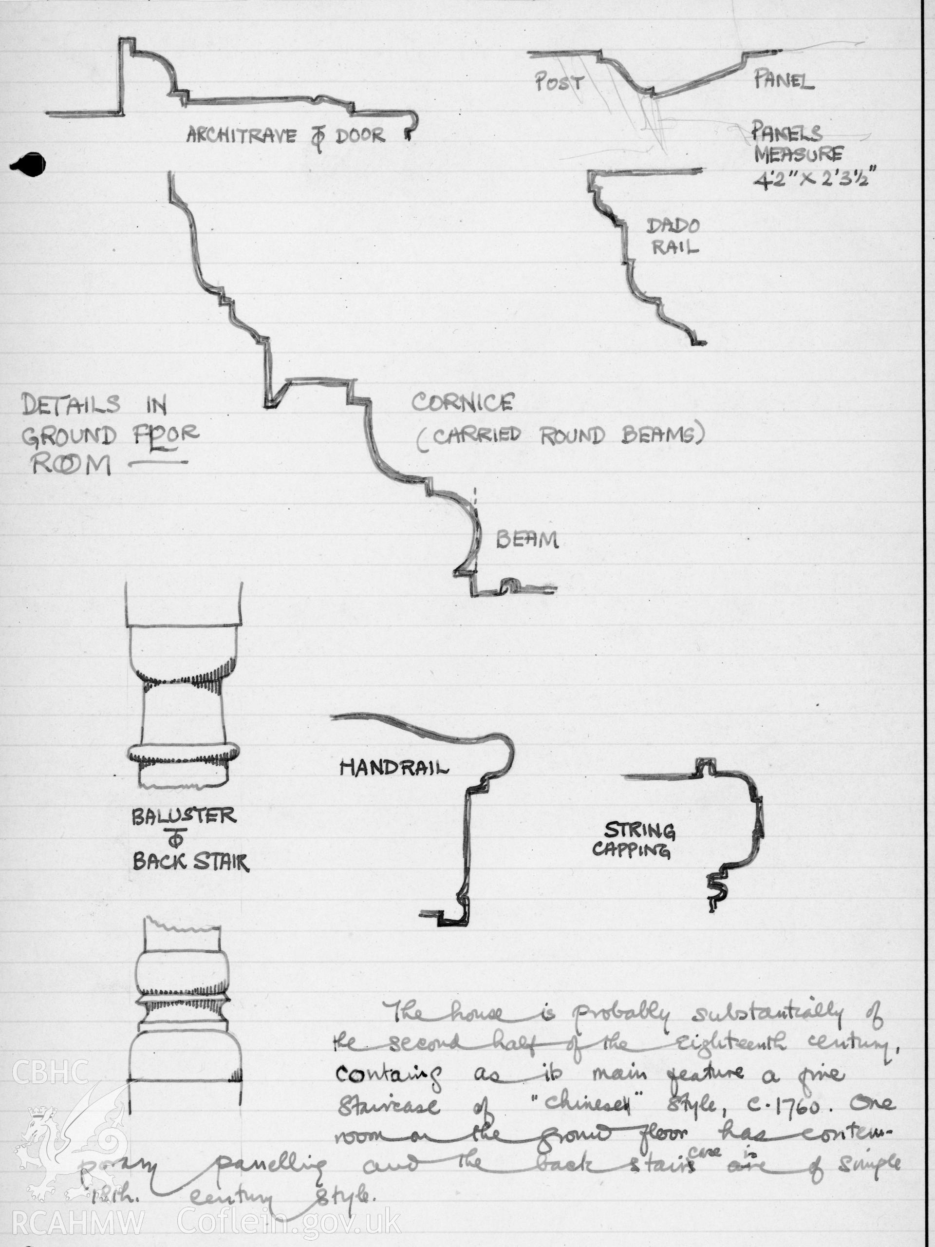 Ink drawing showing various detail of timber features in ground floor room and staircase accompanied by short caption.