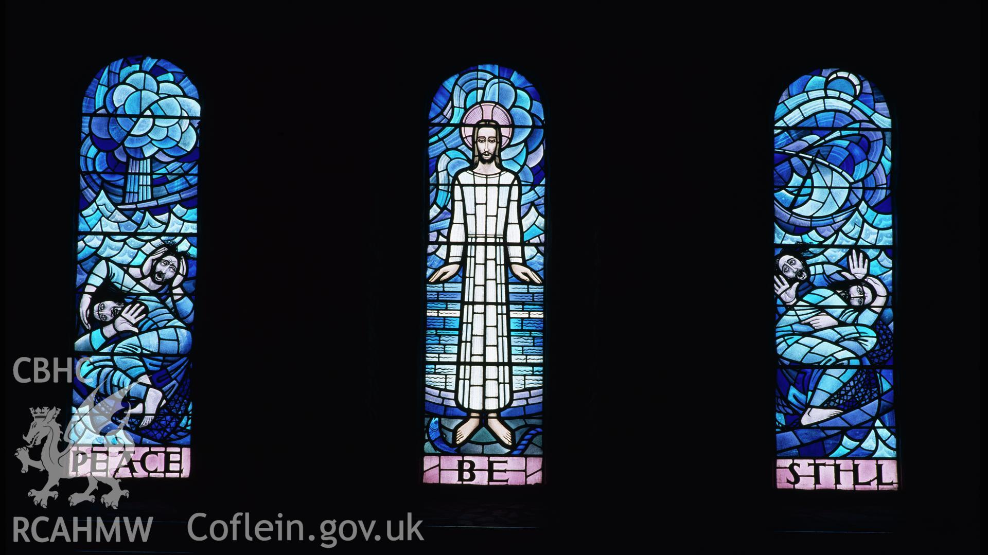 RCAHMW colour transparency showing view of the stained glass window by John Petts, at St Mary's Church, Fishguard.