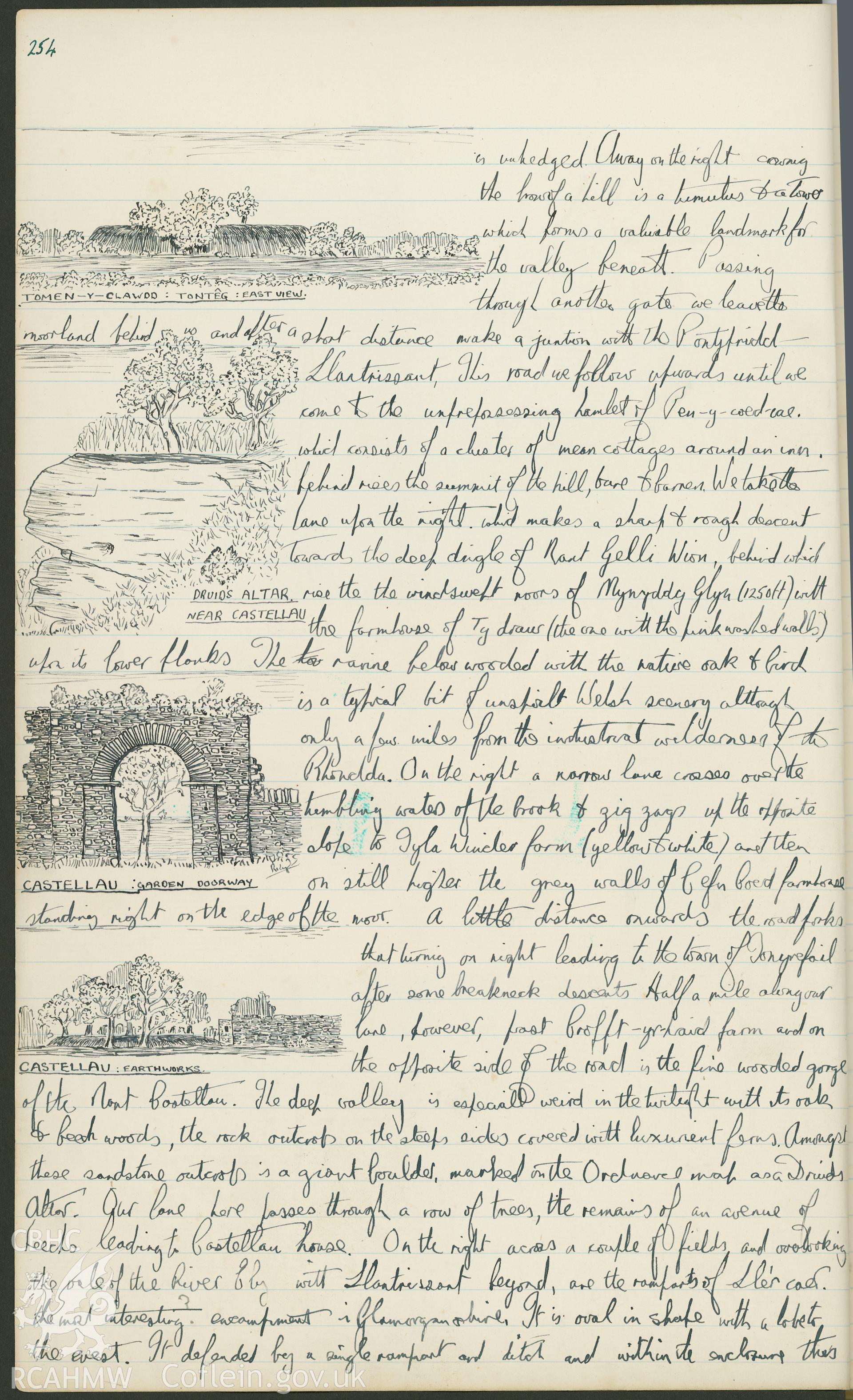 Page from a notebook featuring an illustration by R.E. Kay showing east view of  Tomen y Clawdd, Druids Altar, and earthwork and archway at Castellau. As featured on p254 of R.E. Kay Notebook Series I, Vol II.