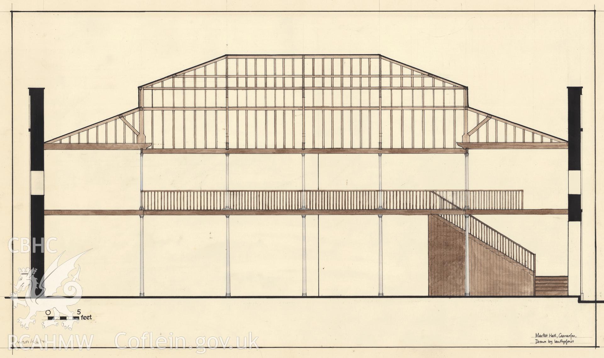 Measured drawing showing longitudinal section view of Market Hall, Caernarfon, produced by Ian Prys Jones, July 1968.