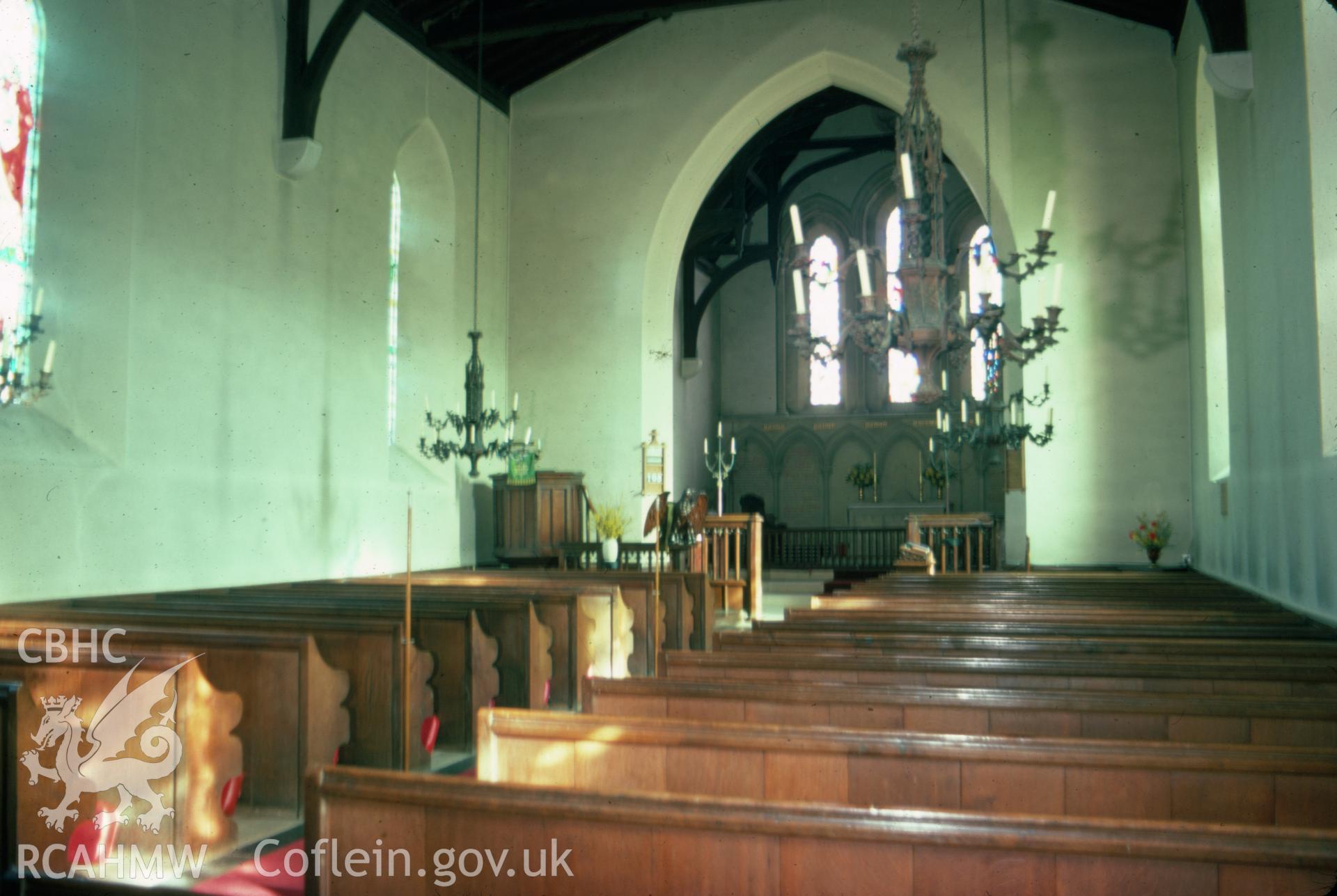 Colour slide showing interior view of Llangorwen Church.