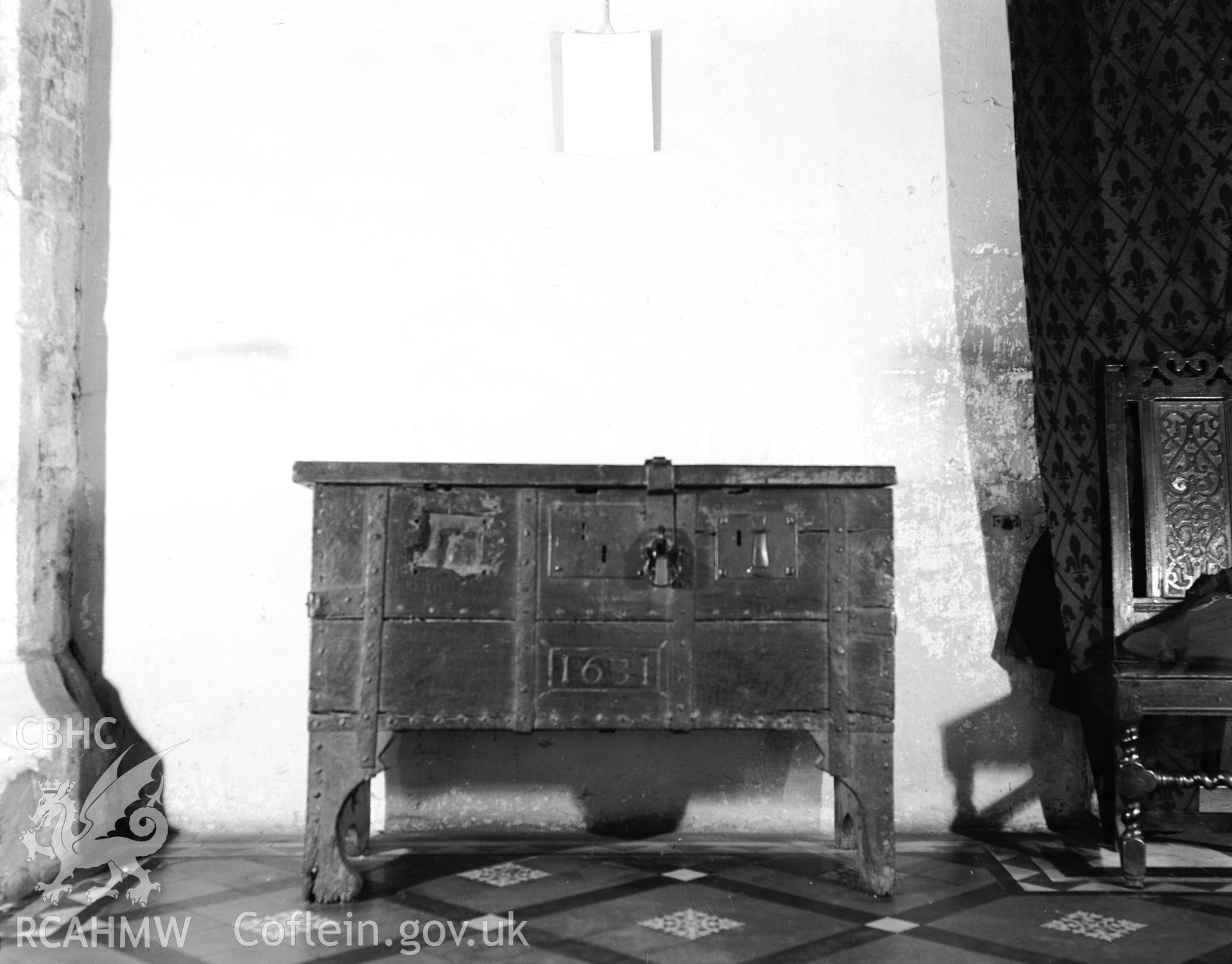 Interior view of St Marys Church Conwy showing wooden chest dated 1631, taken in 10.09.1951.