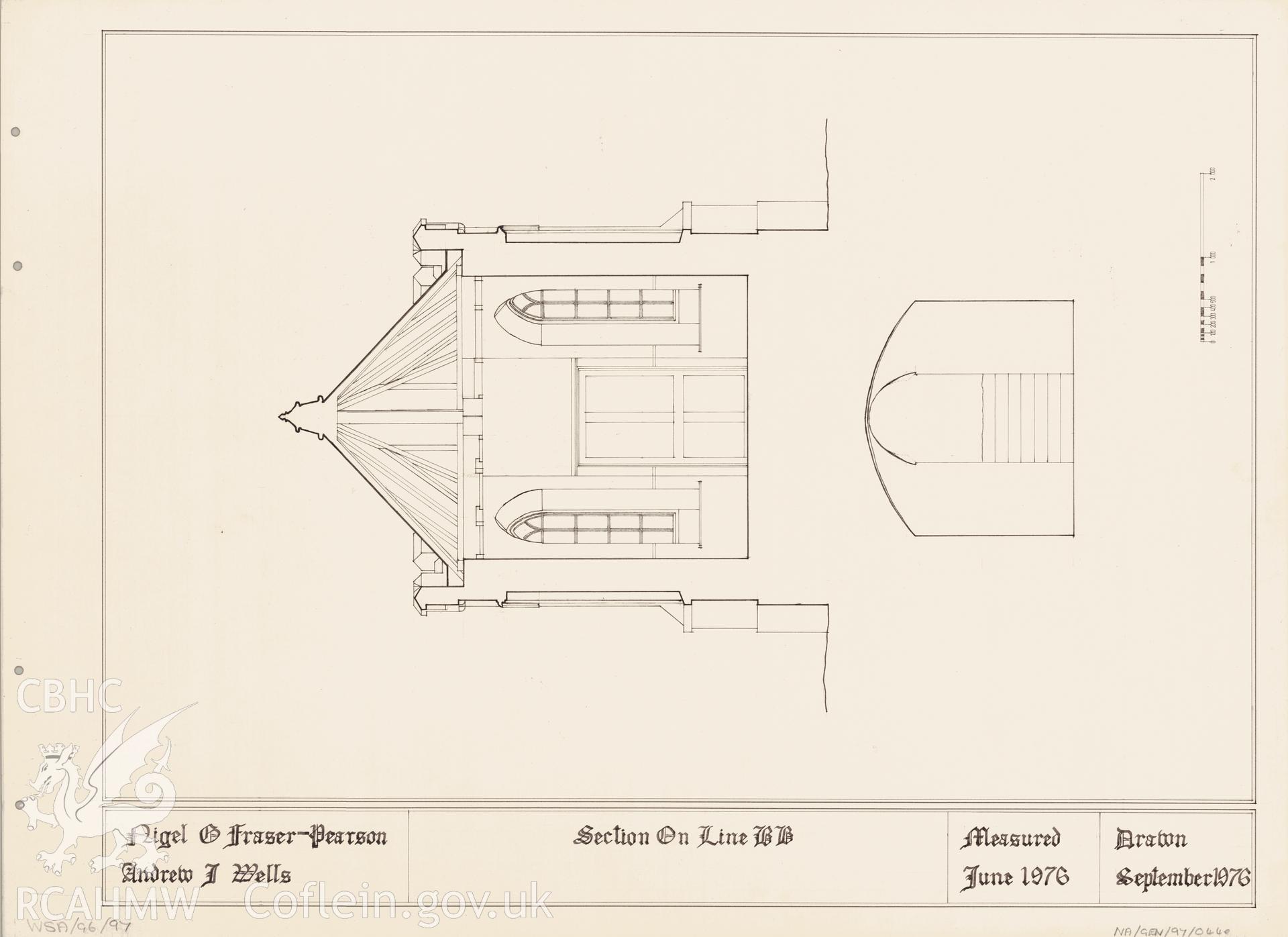 Measured drawing showing section view of the summerhouse in the grounds of Rookwood Hospital, Llandaff, produced by Nigel G. Fraser-Pearson and Andrew J. Wells, September 1976.