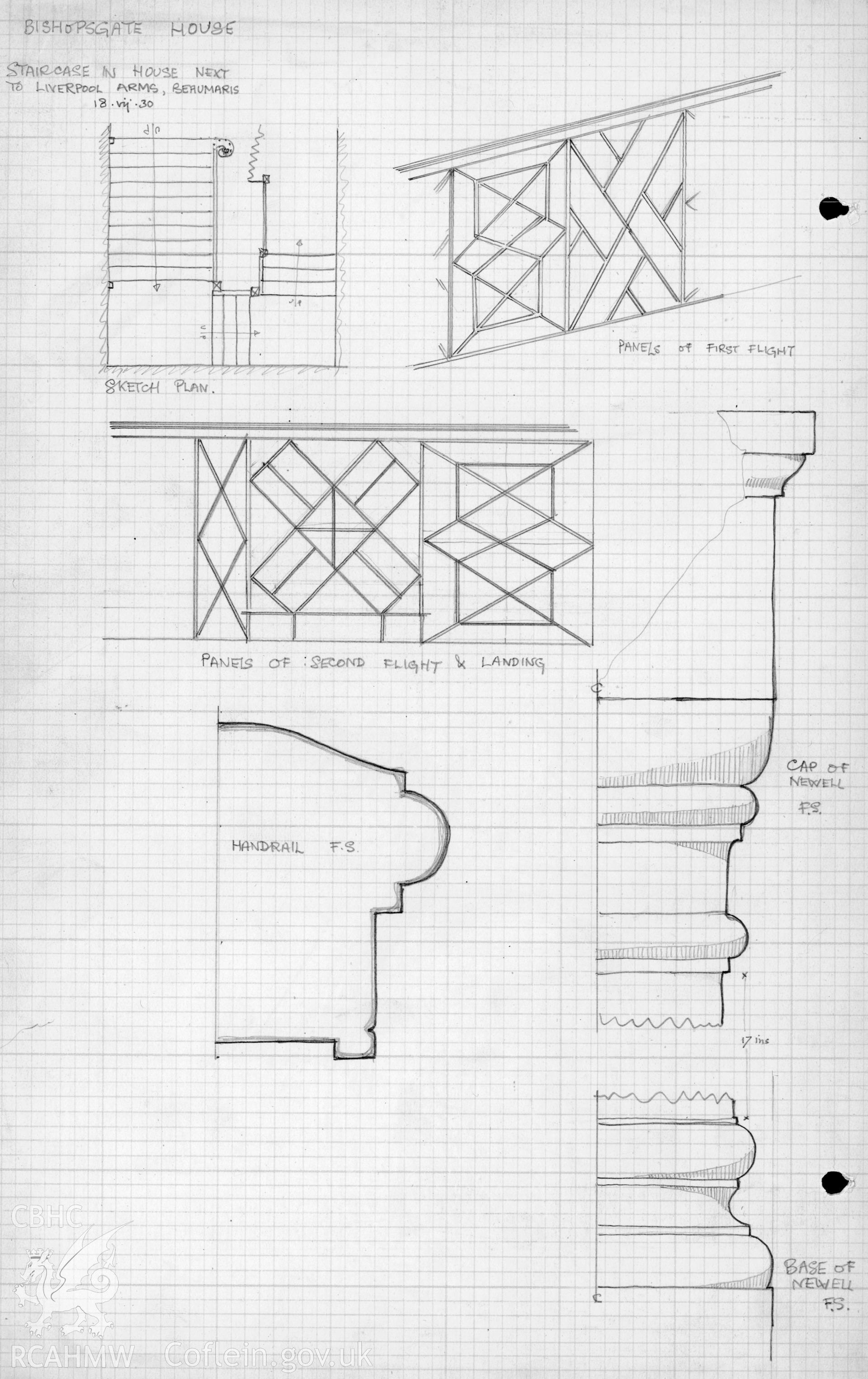 Pencil drawing showing detail of the staircase.