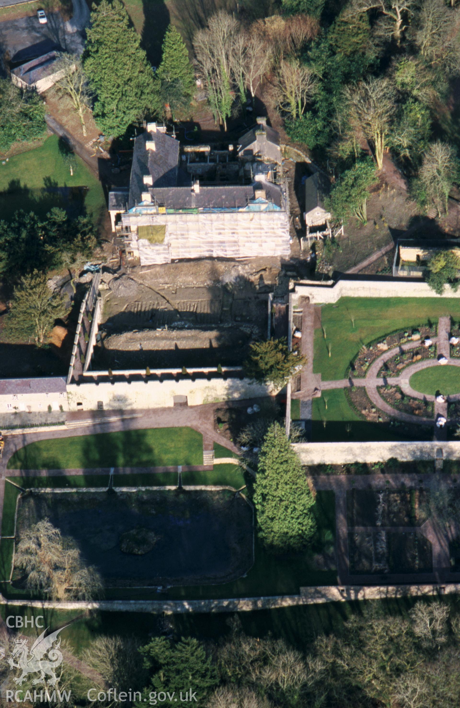 RCAHMW colour slide oblique aerial photograph of Aberglasney, Garden, Llangathen, taken by T.G.Driver on the 21/02/2000