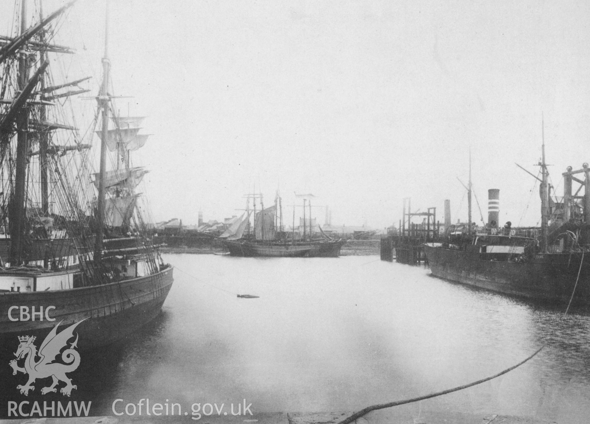 Great Western Dock, Llanelli Harbour; photographic print showing the view from the entrance looking east, date and origin unknown.