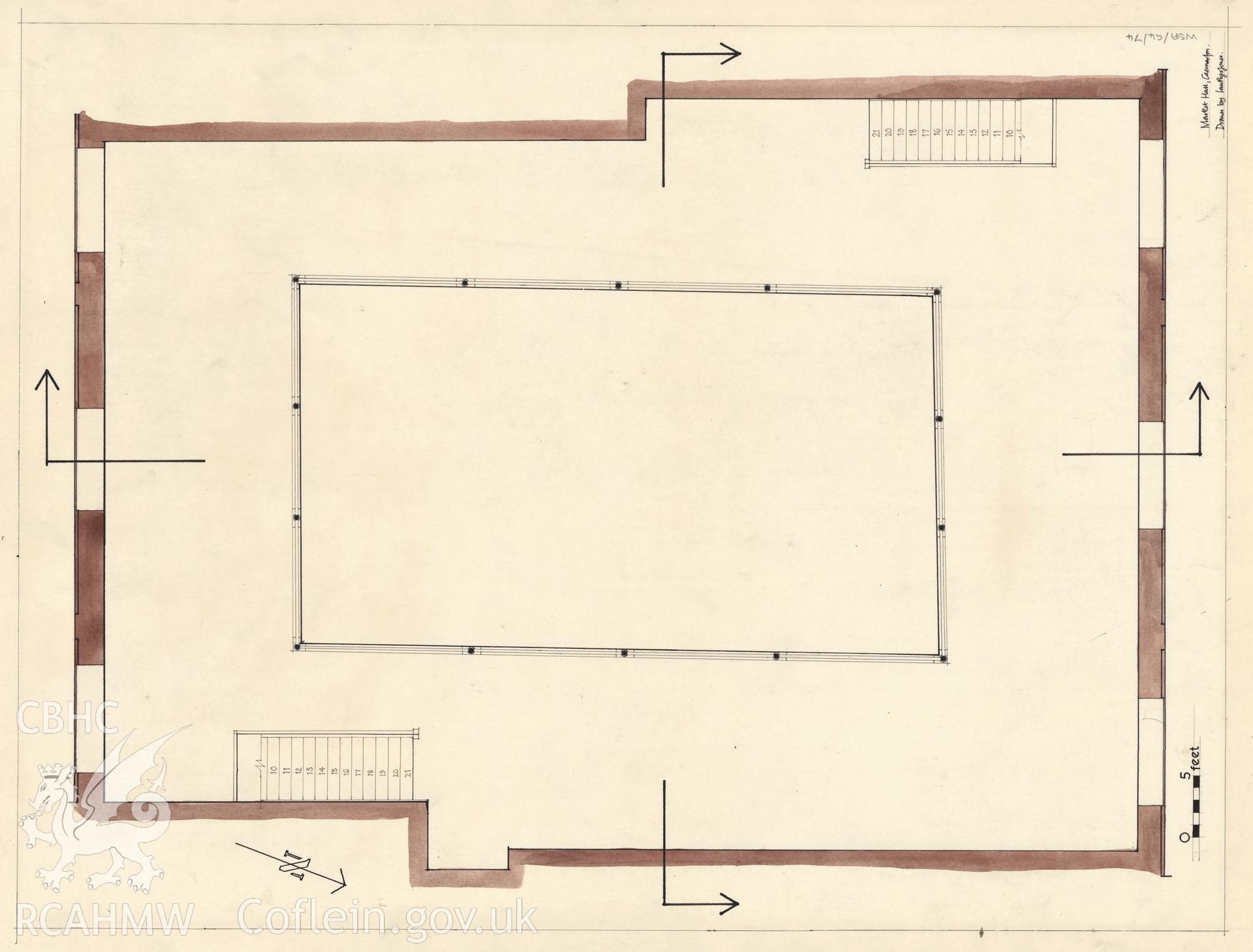 Measured drawing showing balcony level plan of Market Hall, Caernarfon, produced by Ian Prys Jones, July 1968.