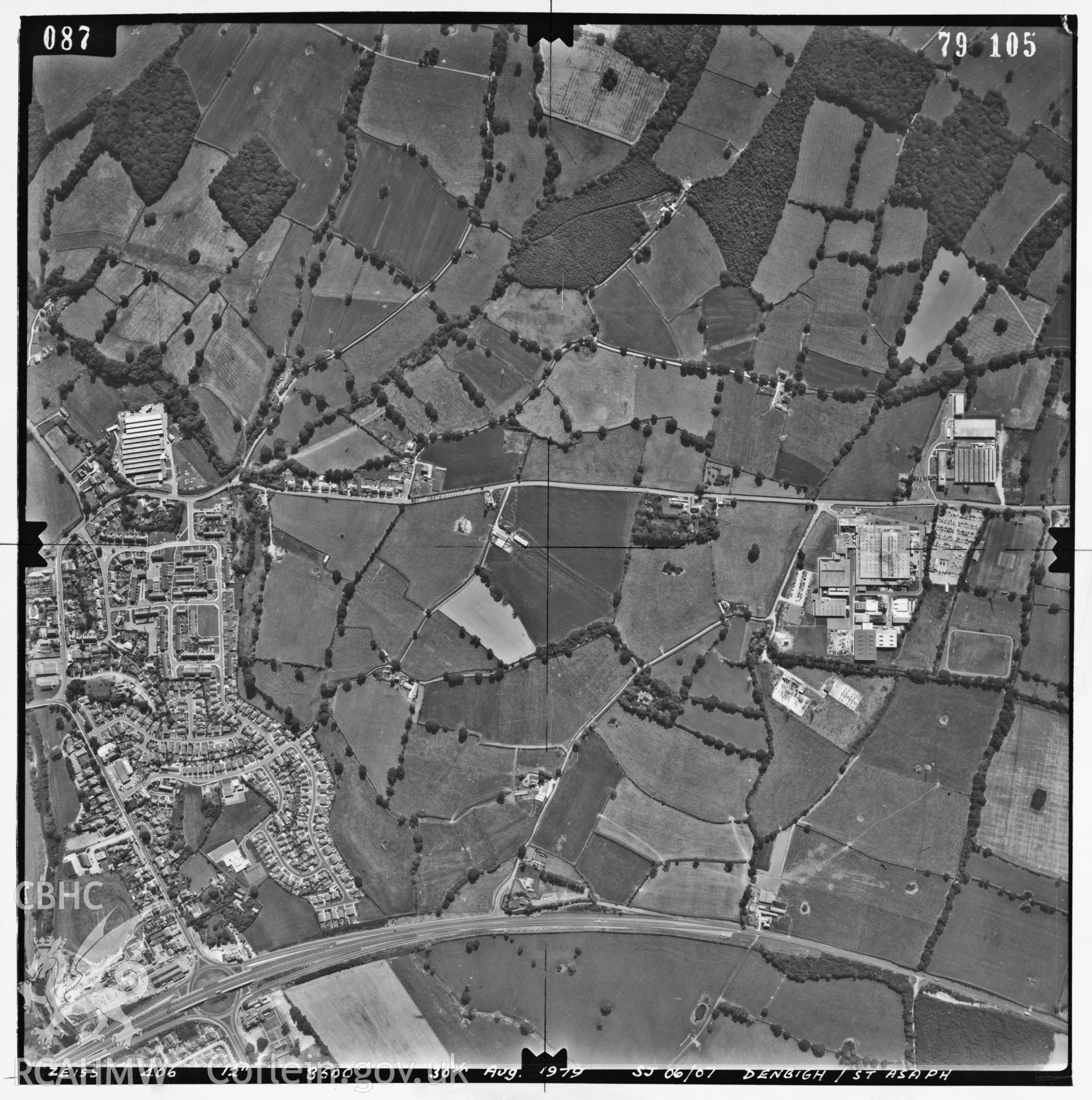 Digitized copy of an aerial photograph showing area to the south-west of St Asaph, taken by Ordnance Survey, 1979.