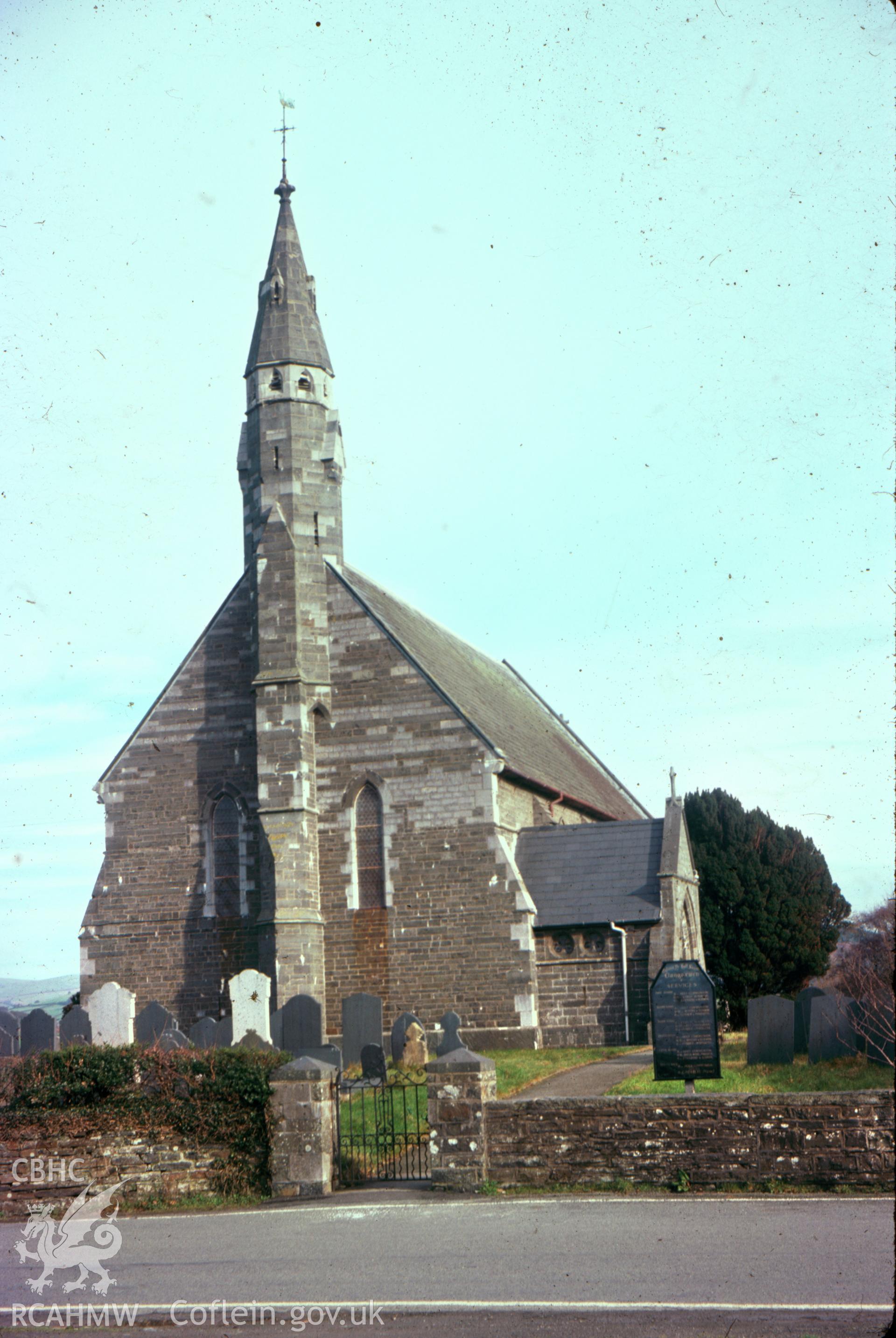 Colour slide showing exterior view of Llangorwen Church.