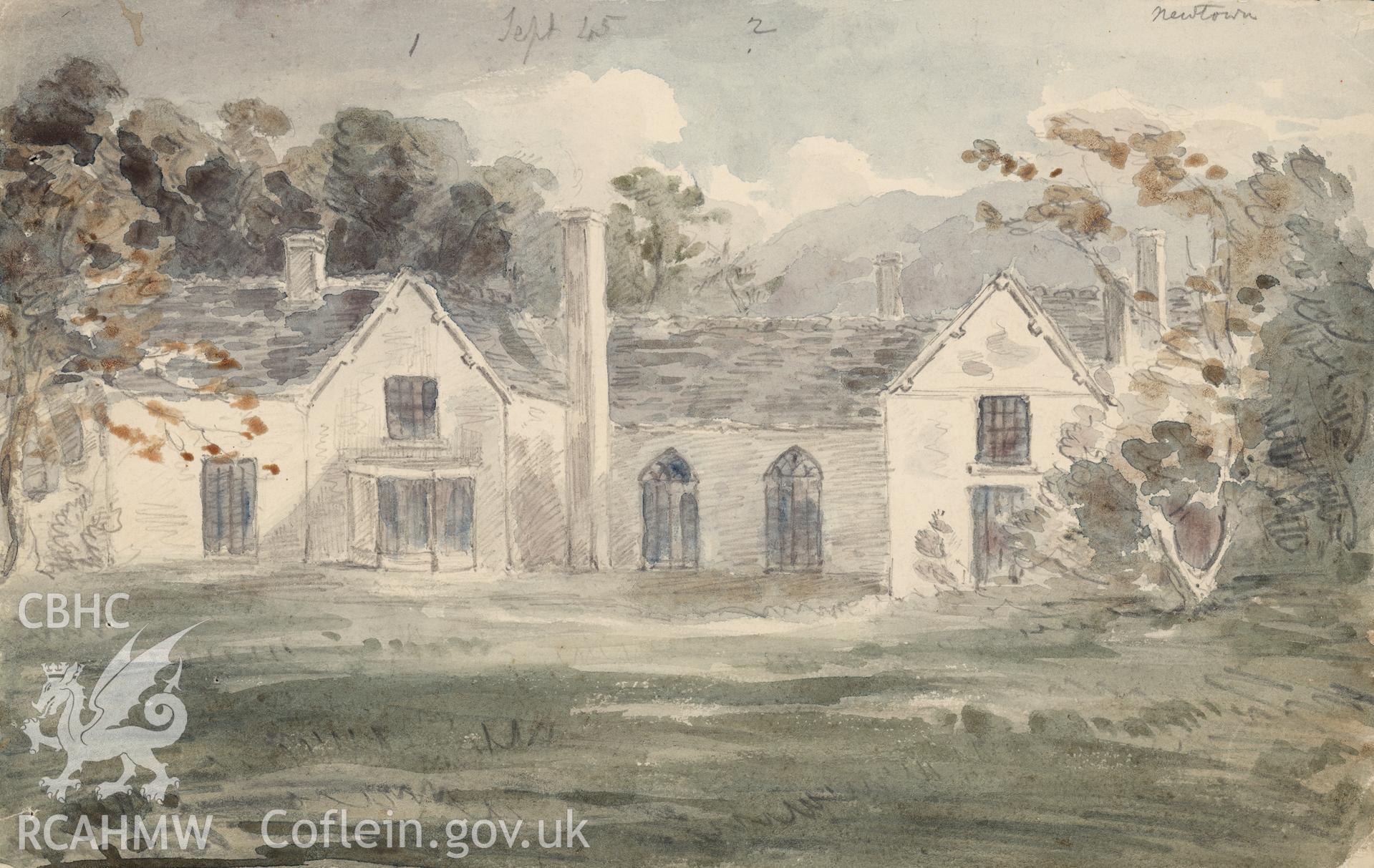 Digital copy of an early C19th watercolour showing the now demolished Newtown Hall, anon.