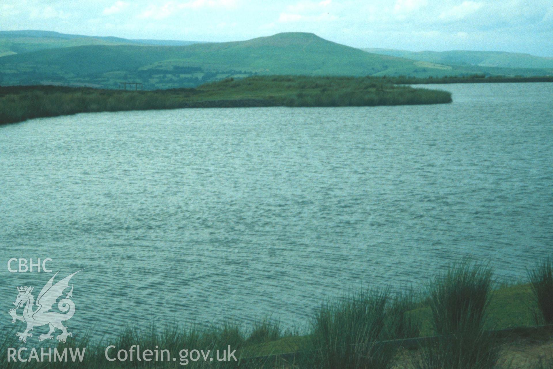 Centre of pond, dam and Ysgyryd Fawr.