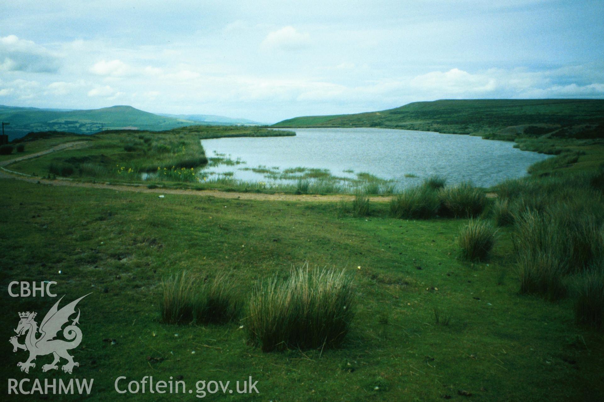 Pond from its south-west end, dam on the left.