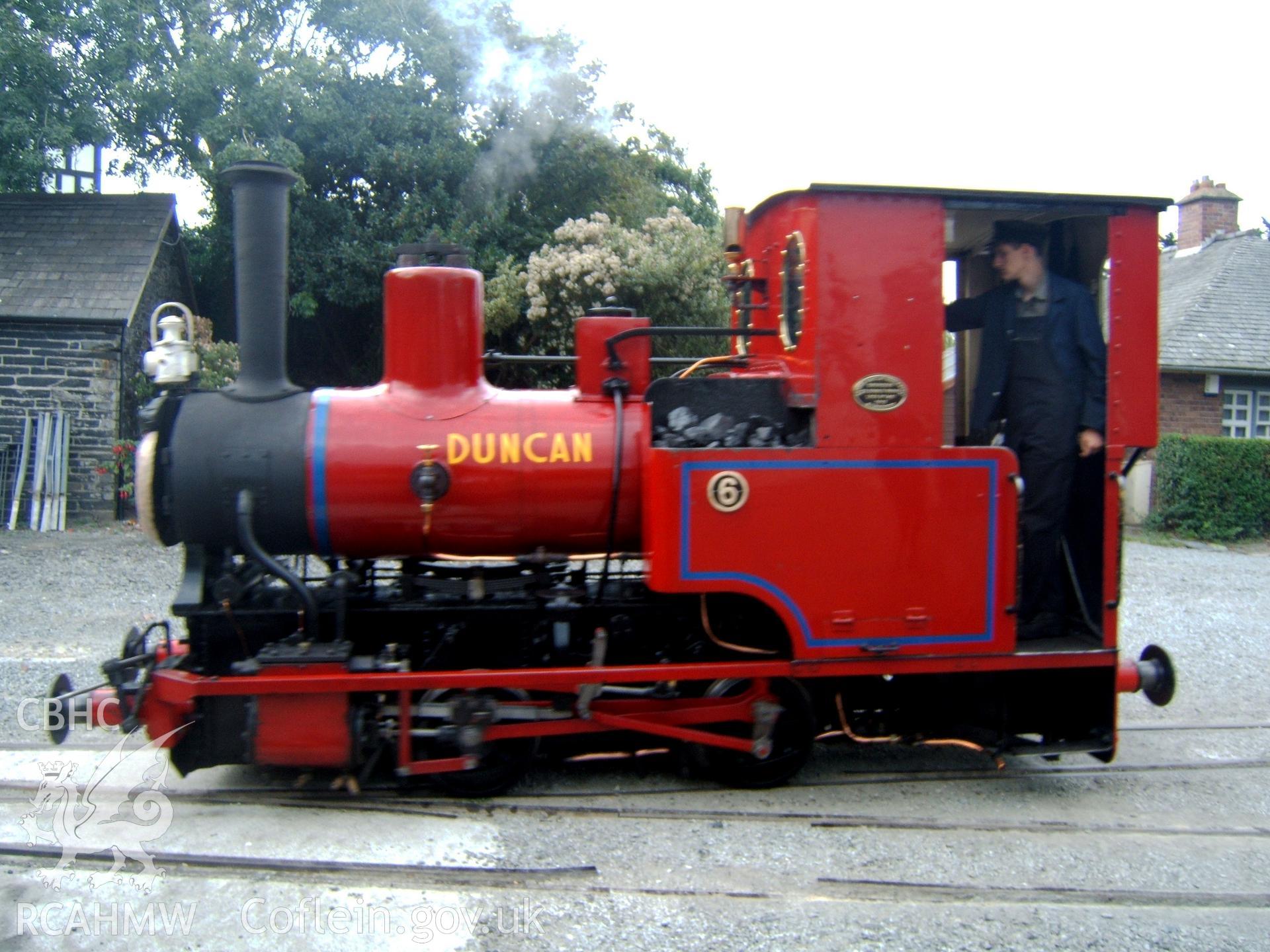 'Douglas (Duncan)' running round train at NE end of station, given face & re-named Duncan as 'Thomas the Tank-engine' character.