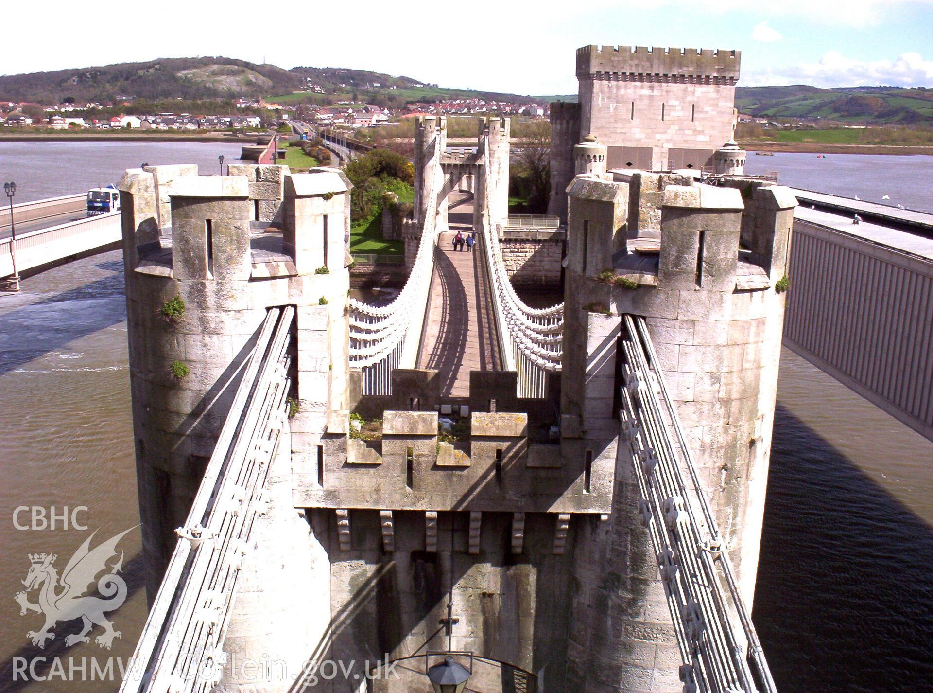 The three bridges and causeway looking north-east over road suspension towers.