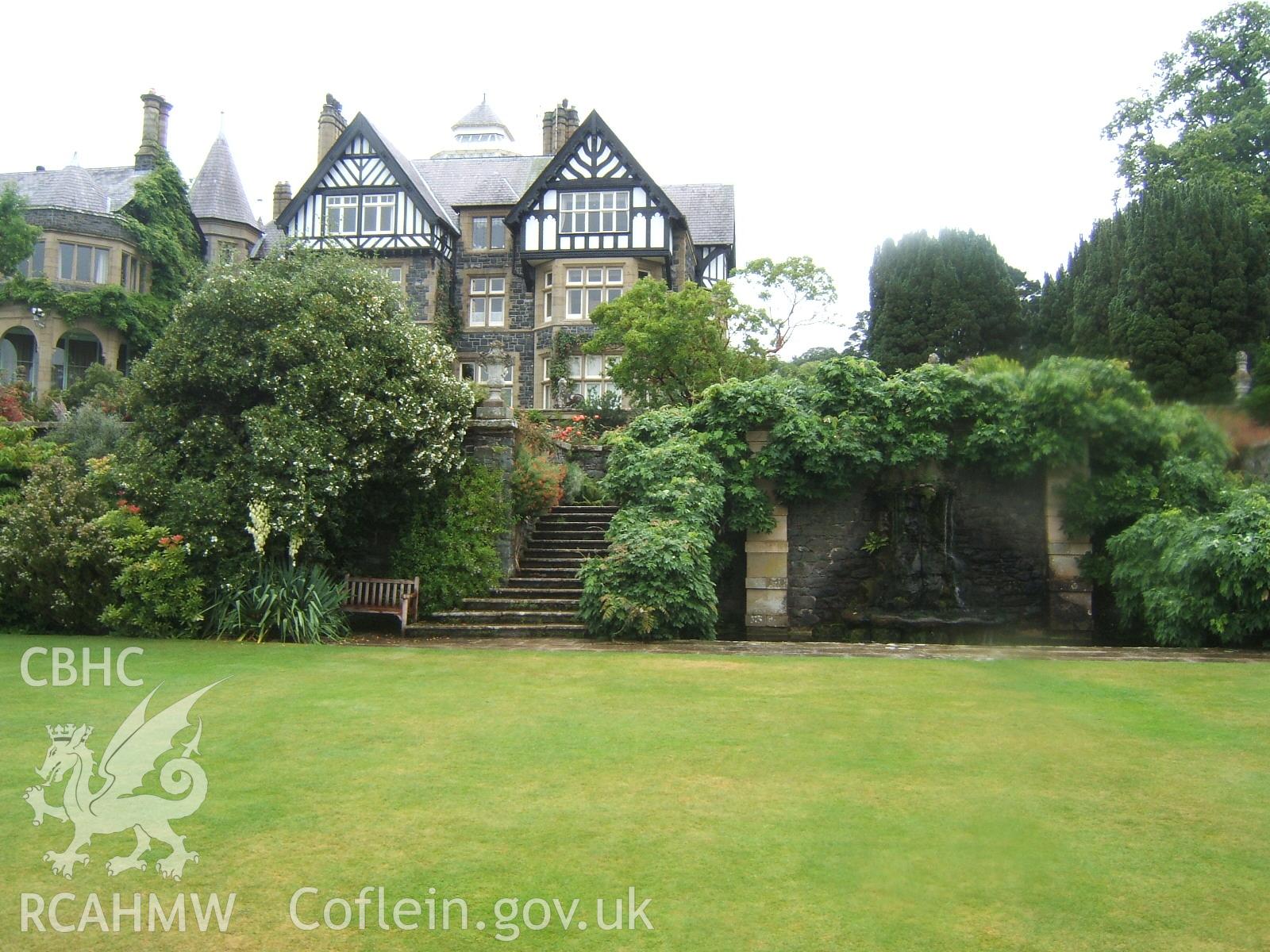 South-east corner of the house and a Baroque French fountain on the Croquet Terrace from the south.