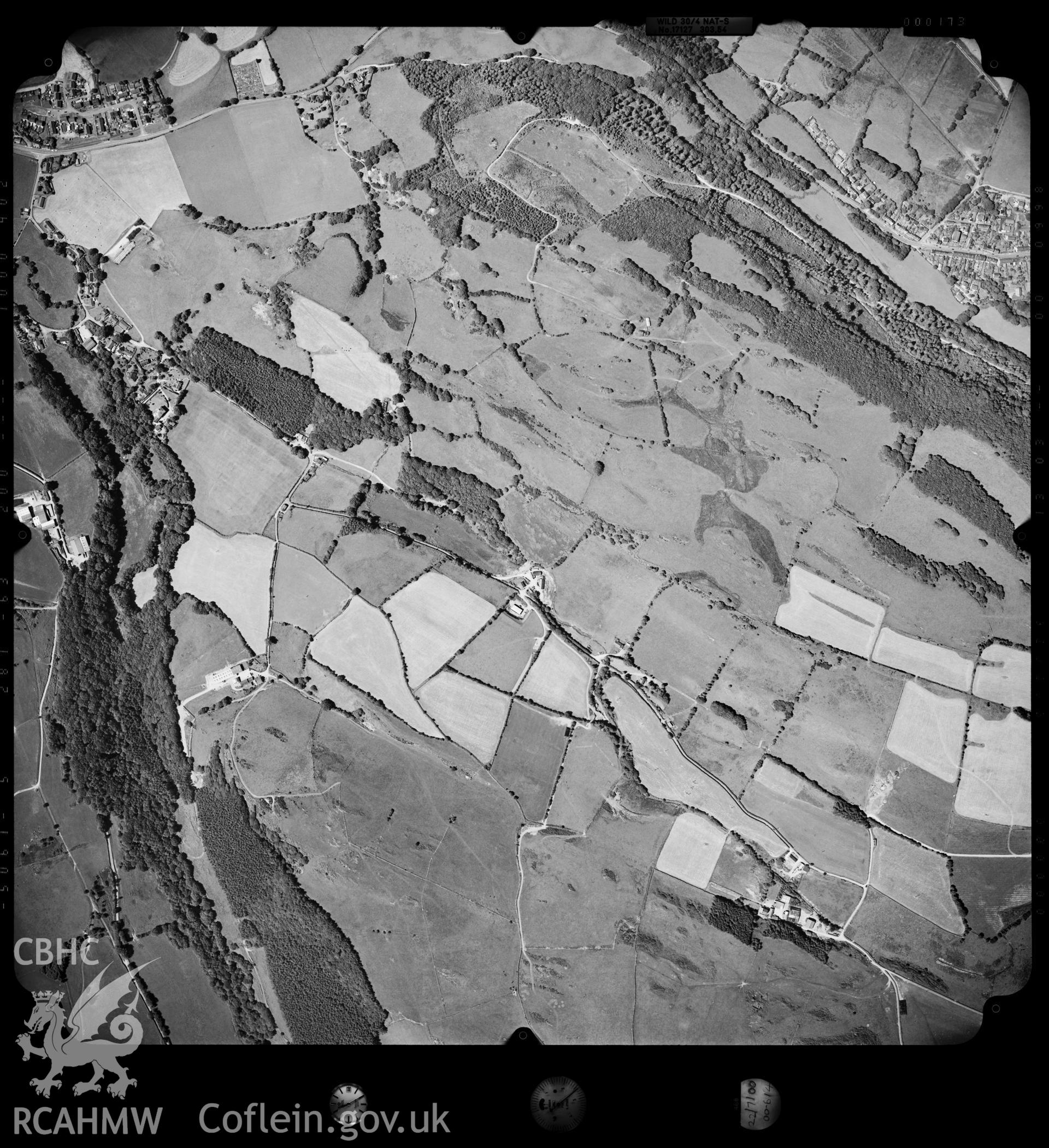 Digitized copy of an aerial photograph showing the Talybont area, taken by Ordnance Survey, 2000.