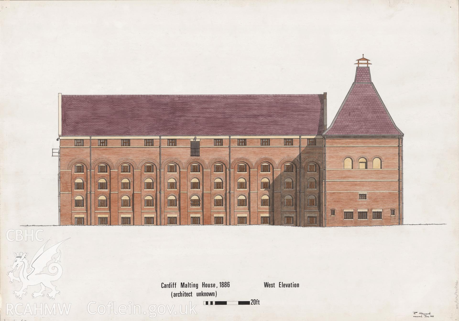 Measured drawing showing west elevation of Cardiff Malting House, East Moors, produced by P. Hayward, M. Kennaugh, R. Liddell, 1968-1969.