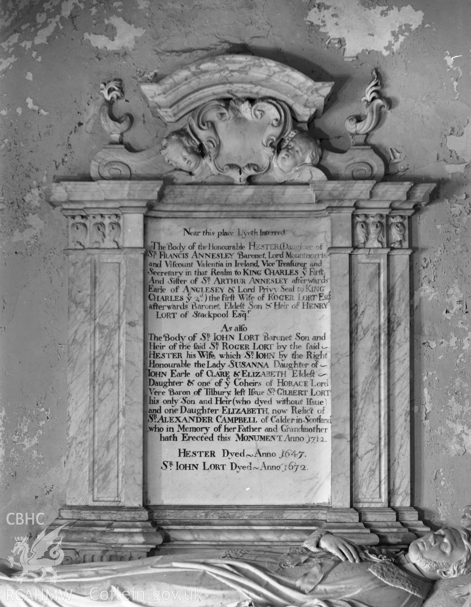 View of the memorial to the Hon. Hester Lorte at Stackpole Church, Stackpole Elidyr taken in 26.08.1941.