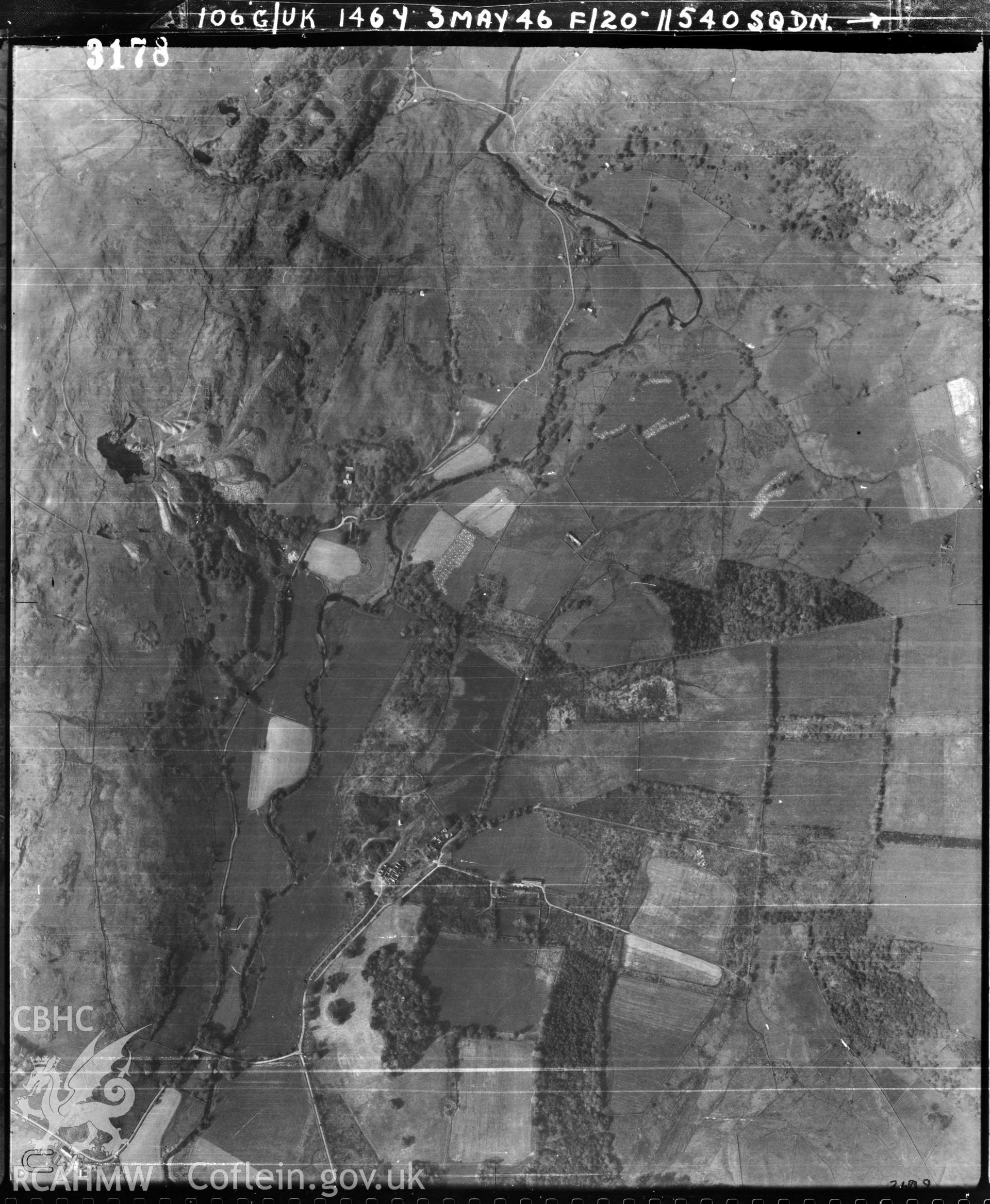 Black and white vertical aerial photograph taken by the RAF on 03/05/1946 centred on SH52604366 at a scale of 1:10000. The photograph includes part of Dolbenmaen community in Gwynedd.