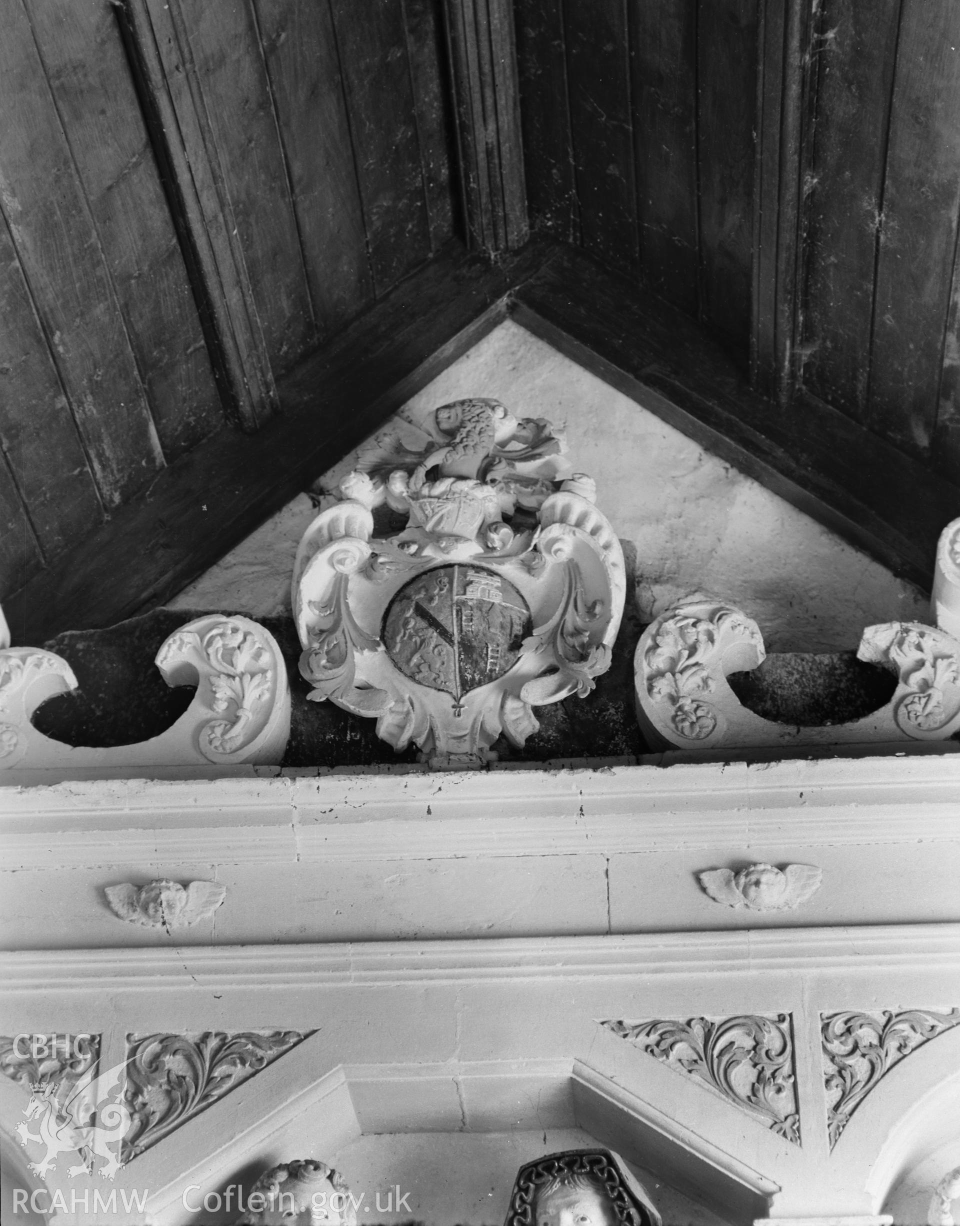 View of the coat of arms on the Howard Memorial in the south aisle of St Michaels Church, Rodbaxton taken in 28.08.1941.