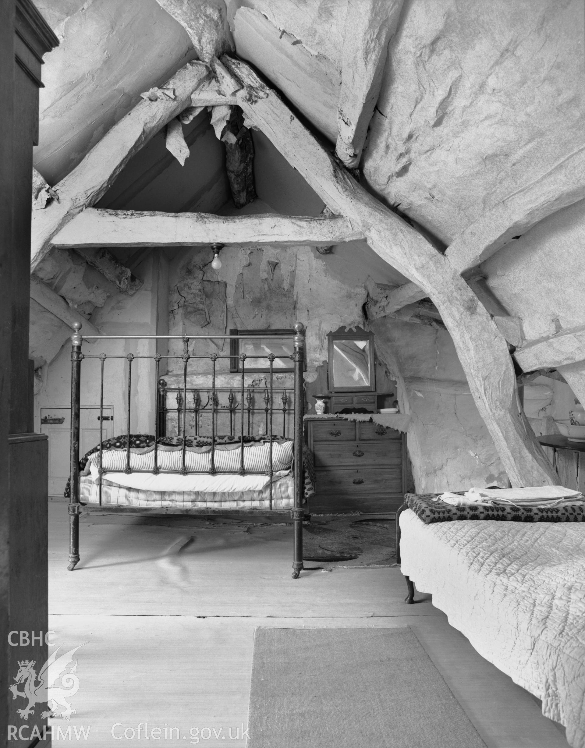 Interior view showing roof timbers in the attic.