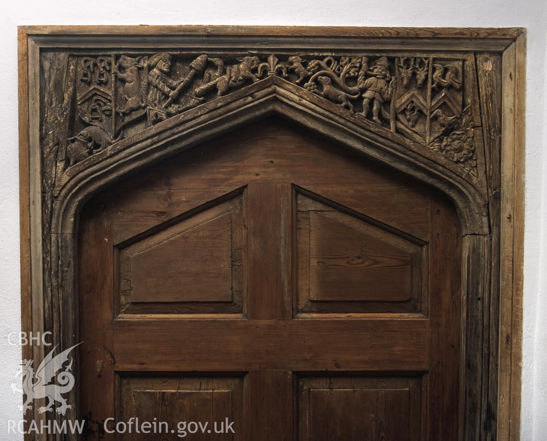 RCAHMW colour transparency showing detail of a spandrel in a door frame at Rhydarwen, Llanarthney.