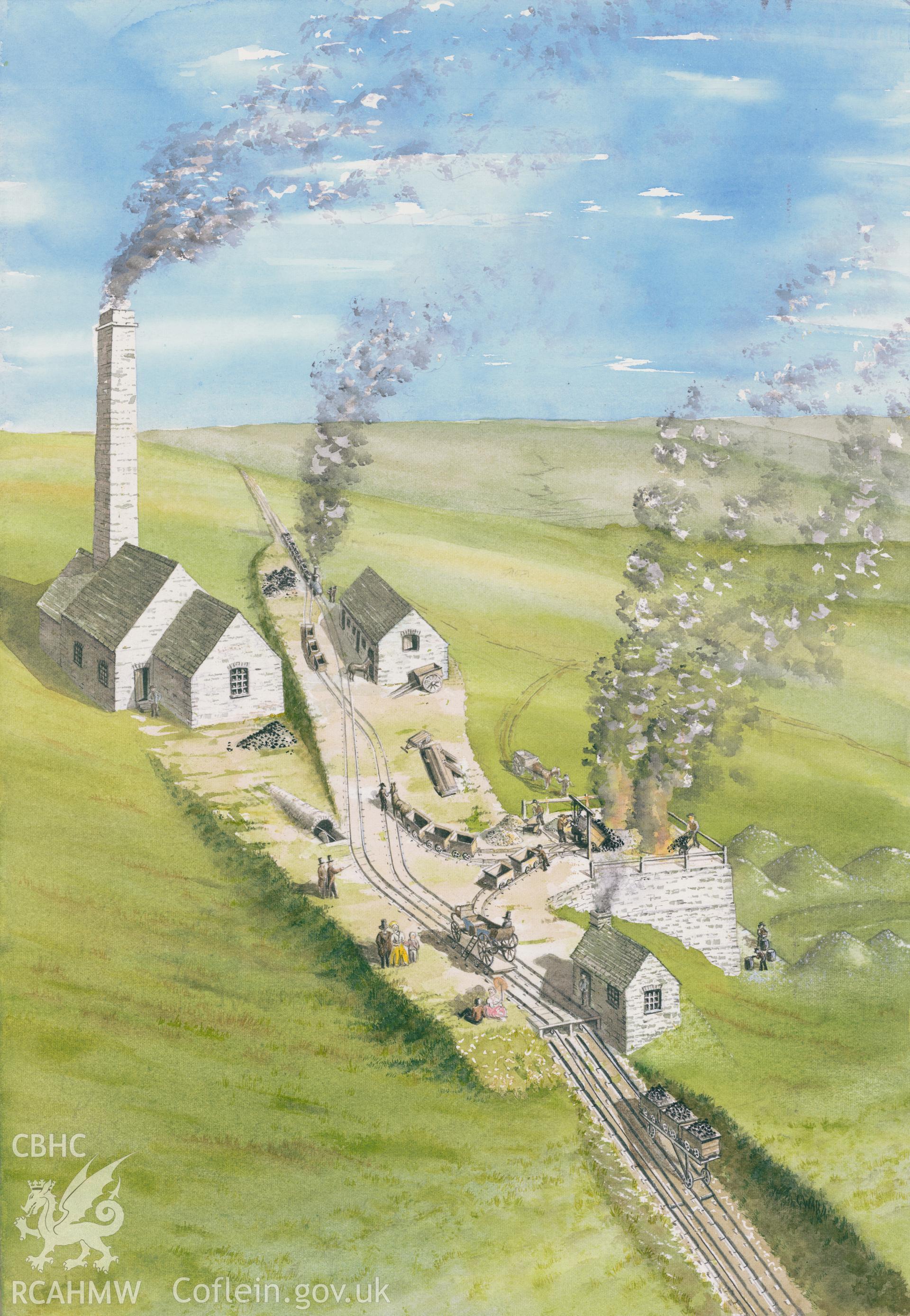 Full colour reconstruction illustration of the Ynysgedwyn incline engine house, used on the front cover of the Brecon Forest Tramroads publication.