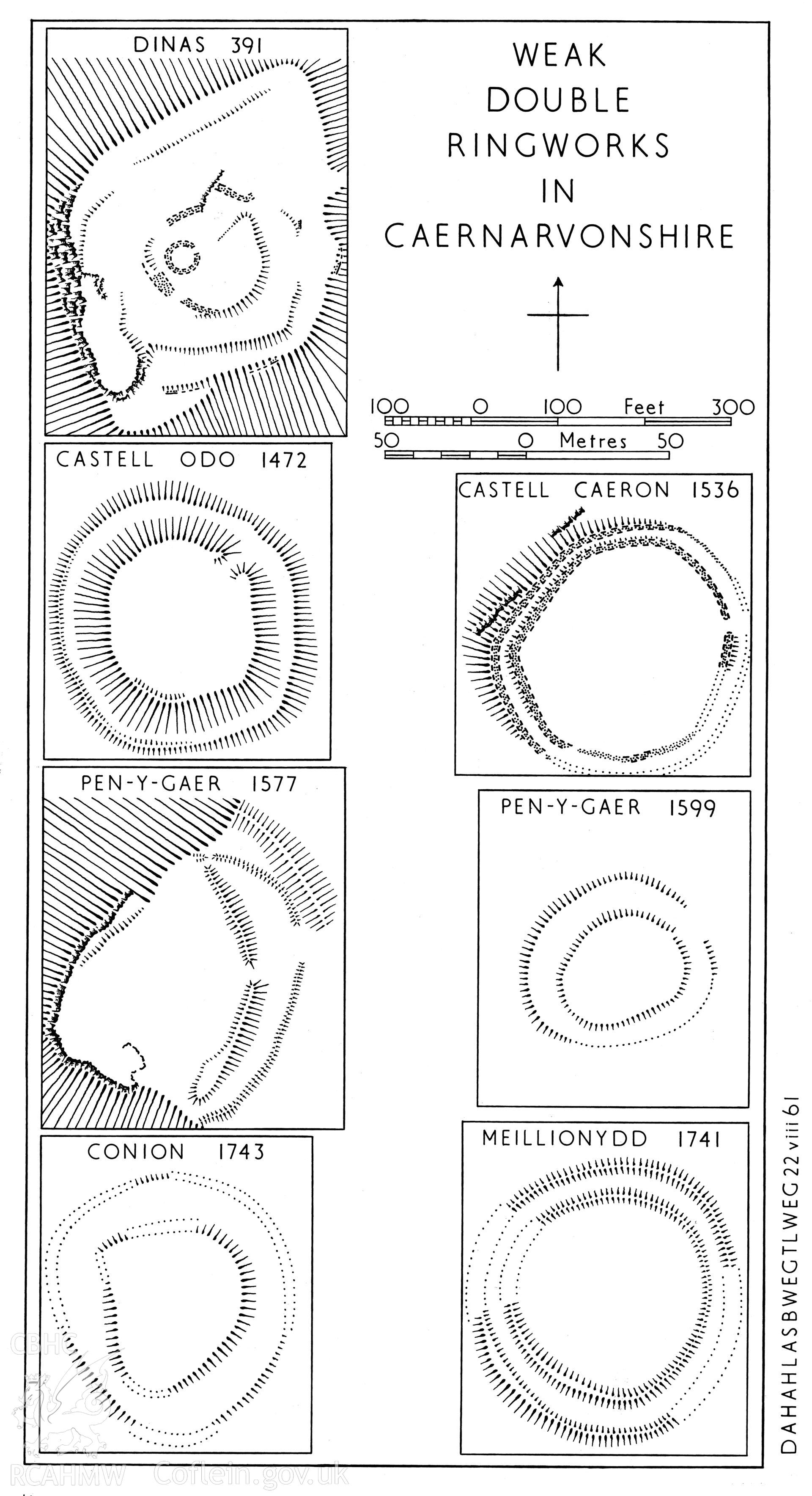 Multi-site RCAHMW drawing, 7 sites, (ink on linen) showing double ring enclosures in Caernarfonshire.  Published in Caerns Inventory Vol III, fig 17.