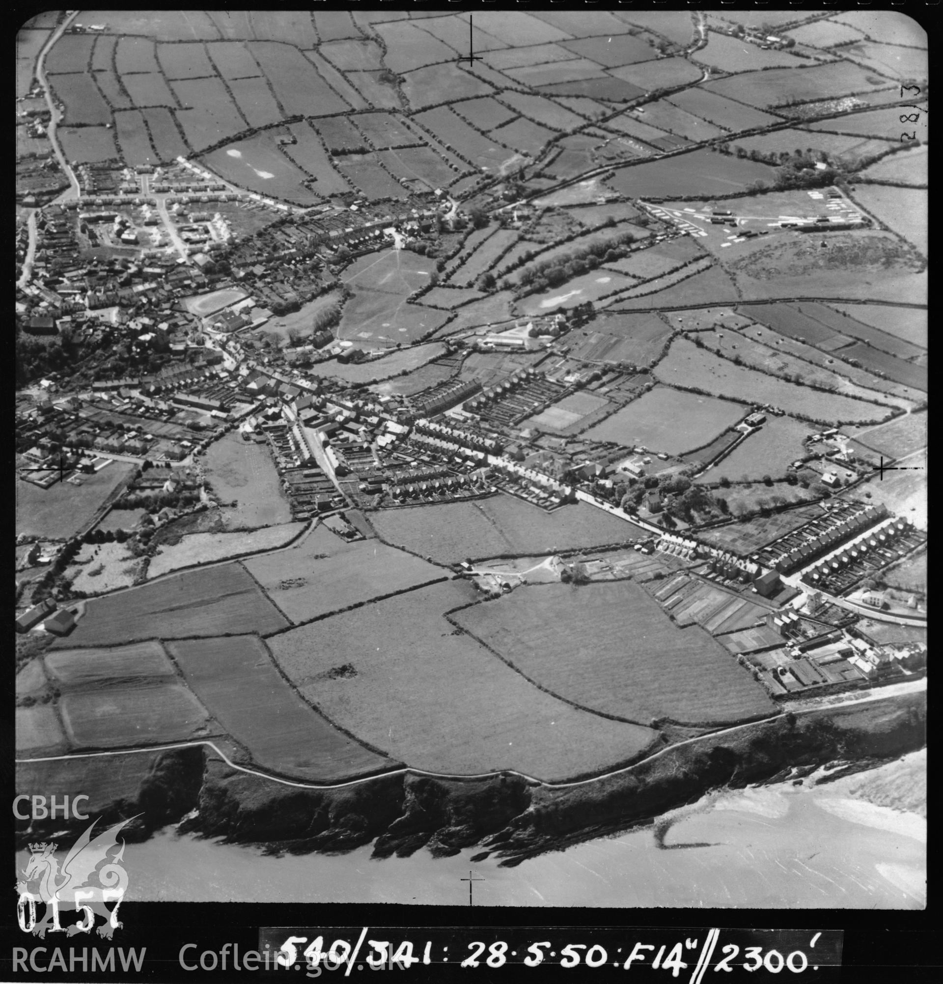 Black and white vertical aerial photograph taken by the RAF on 28/05/1950 showing fishtraps at Fishguard.