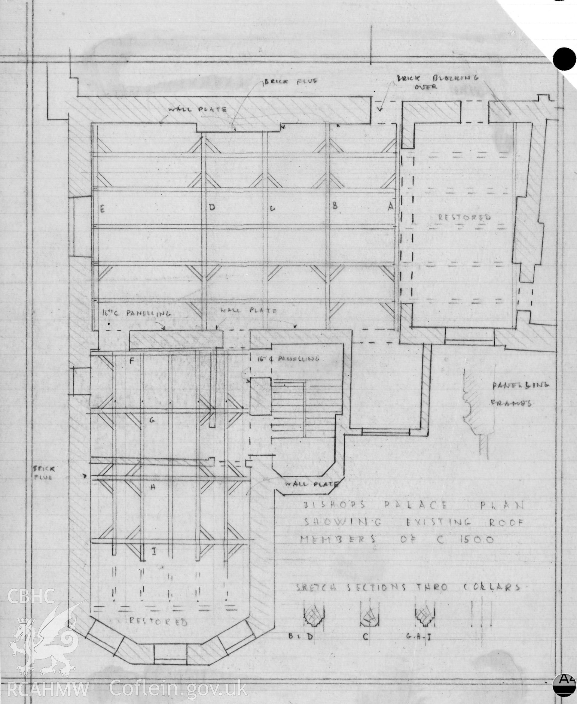 Detail drawings of trusses at Bishops' Palace produced by RCAHMW.